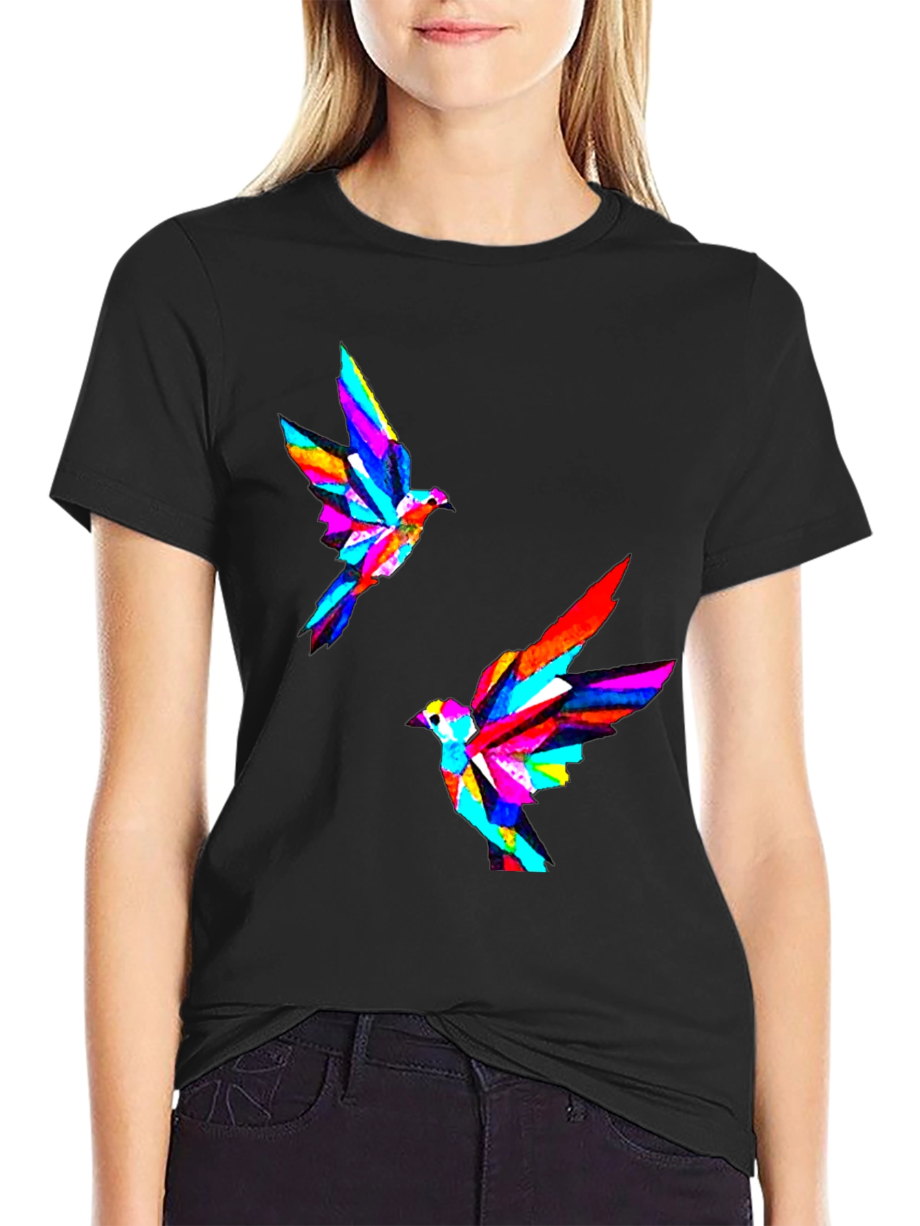 Geometric Bird Print Black T-Shirt