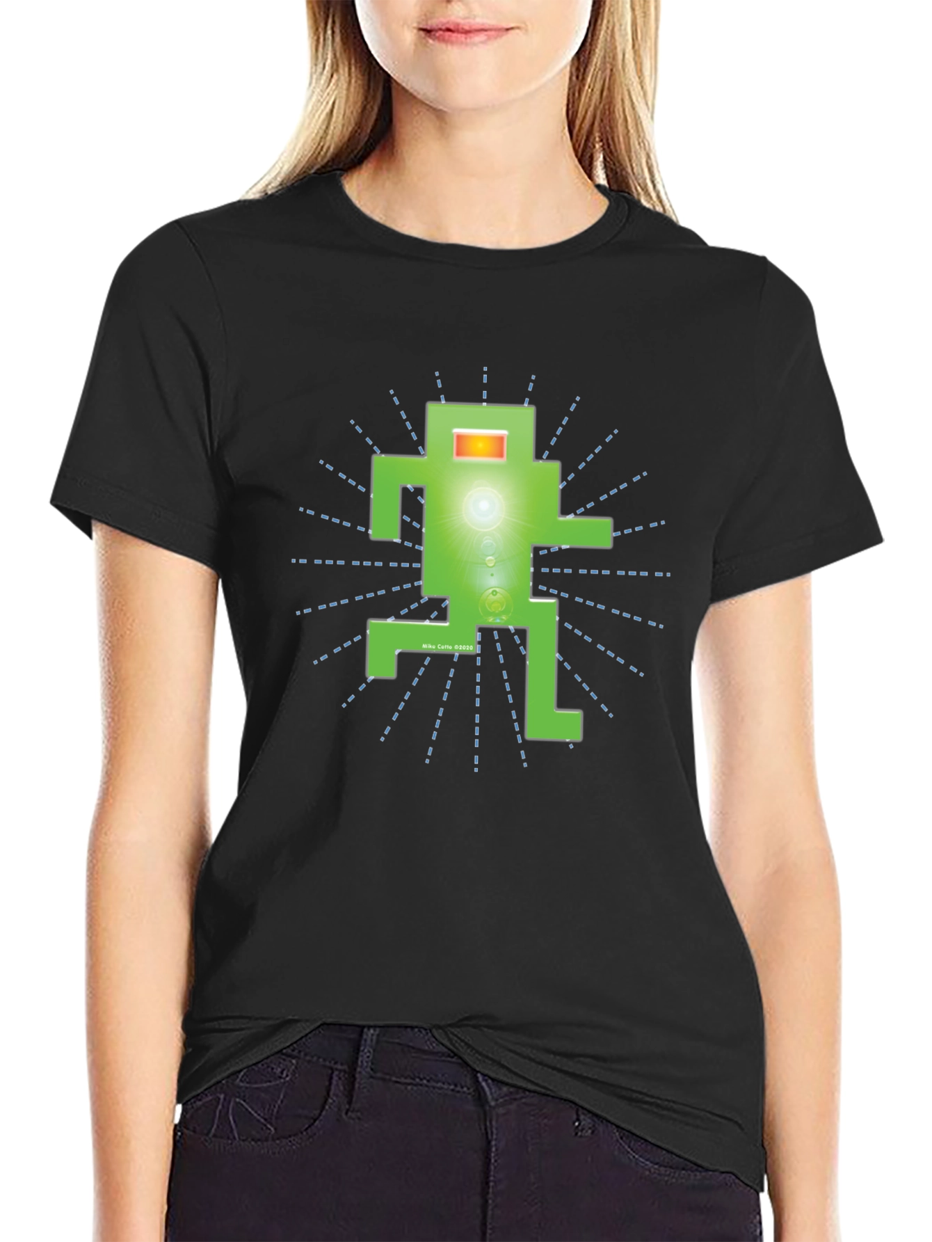 Funky Green Robot Graphic T-Shirt - Black