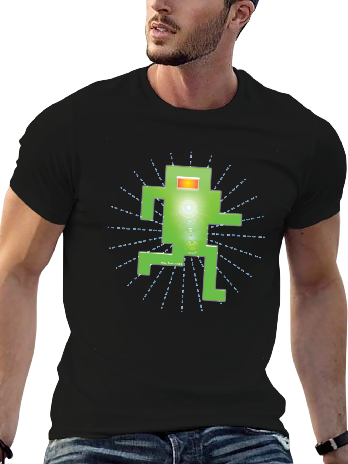 Funky Green Robot Graphic T-Shirt - Black