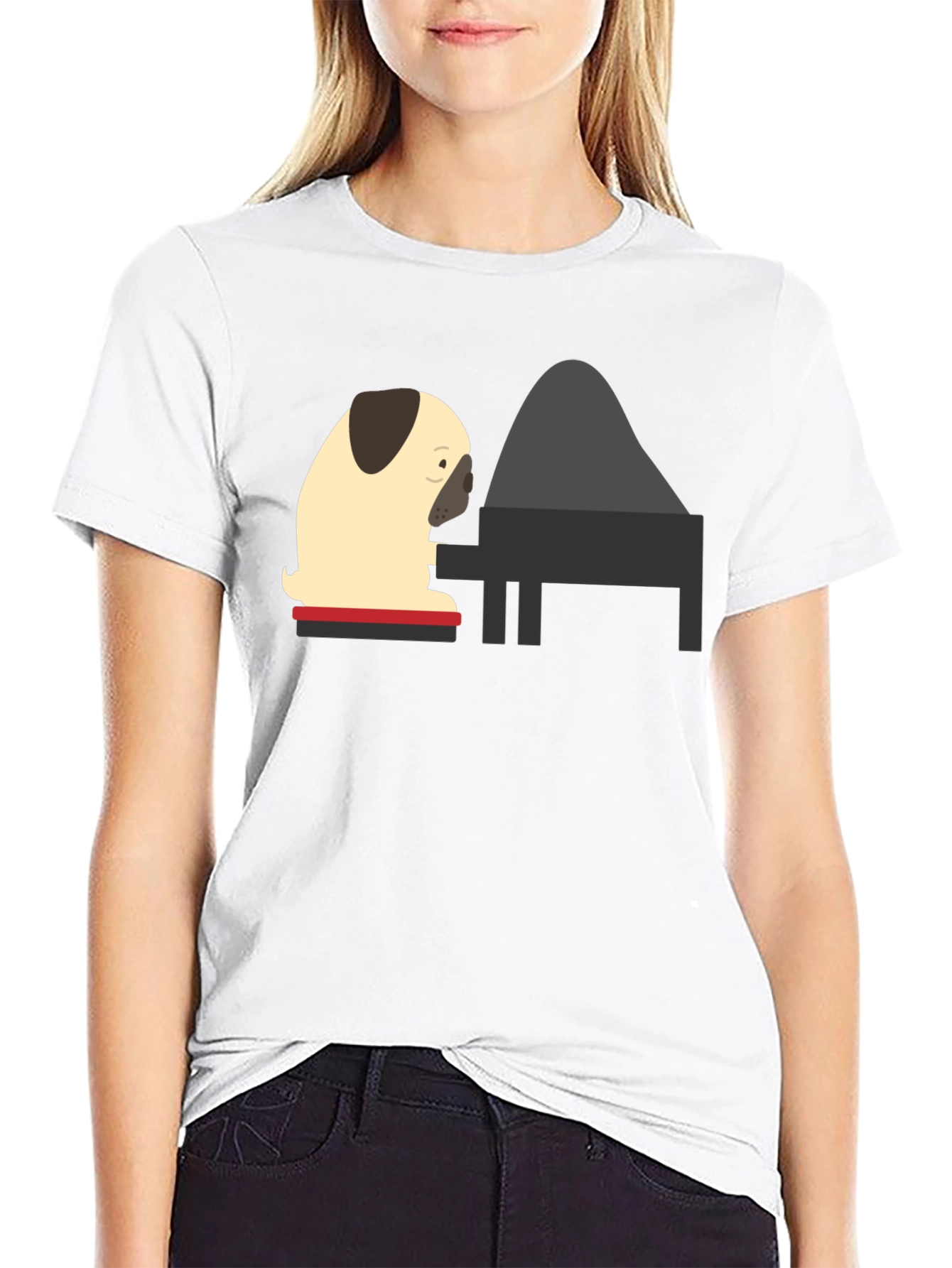 Pug Playing Piano Black T-Shirt