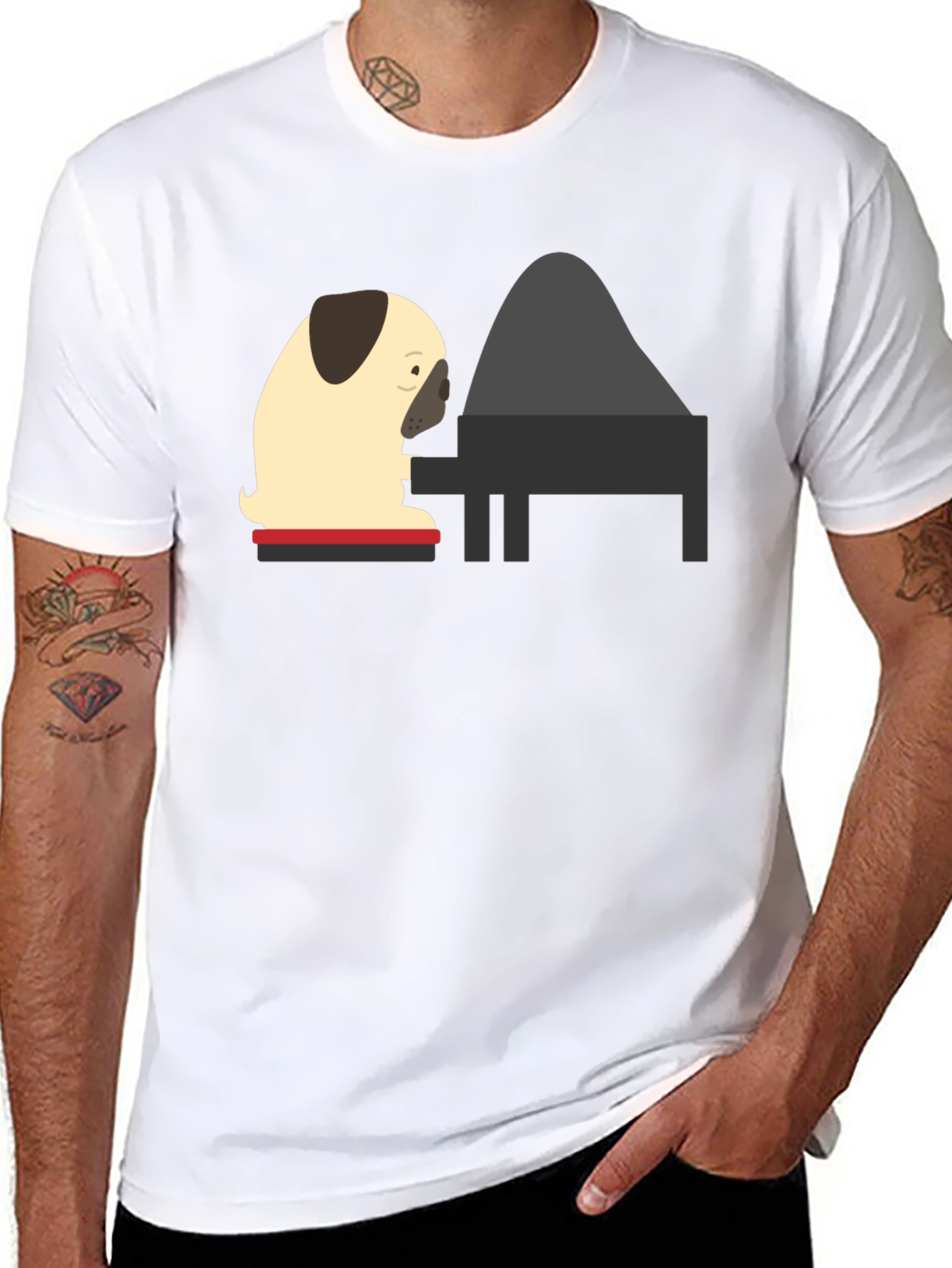 Pug Playing Piano Black T-Shirt