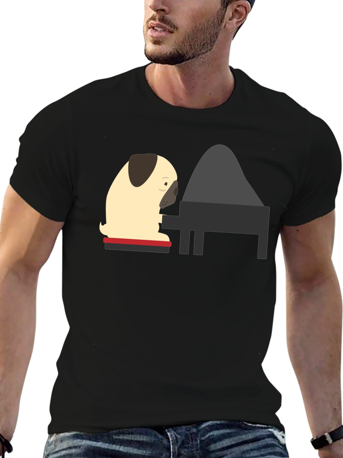 Pug Playing Piano Black T-Shirt