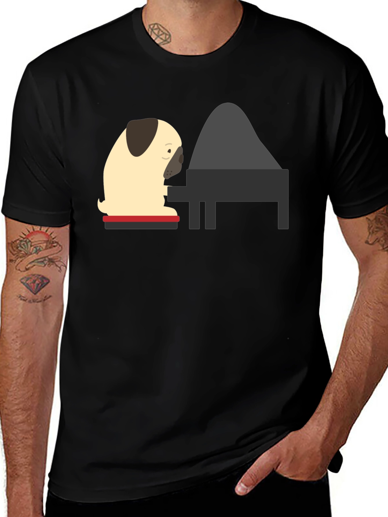 Pug Playing Piano Black T-Shirt