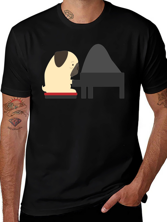 Pug Playing Piano Black T-Shirt