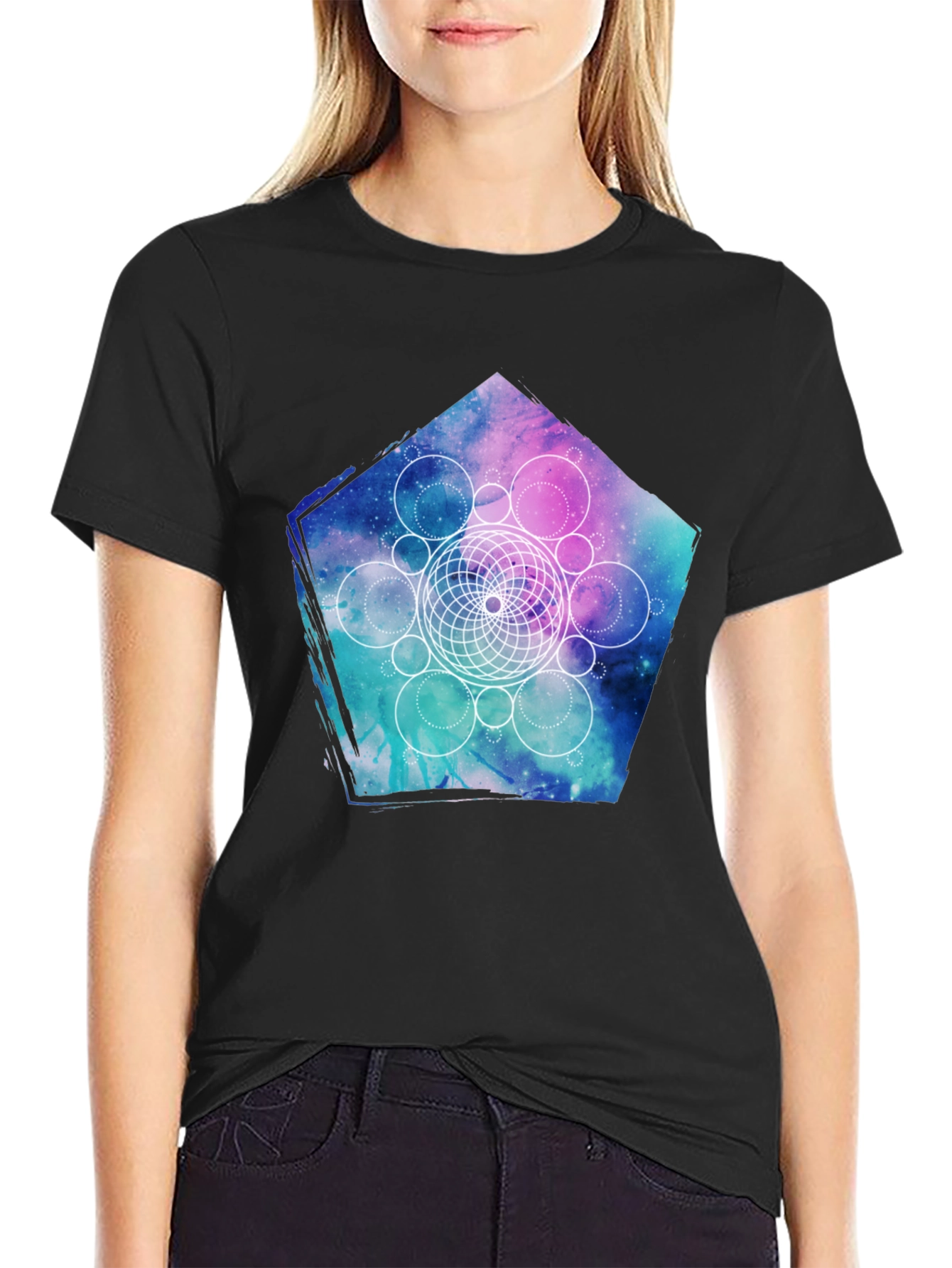 Geometric Galaxy Print Black T-Shirt