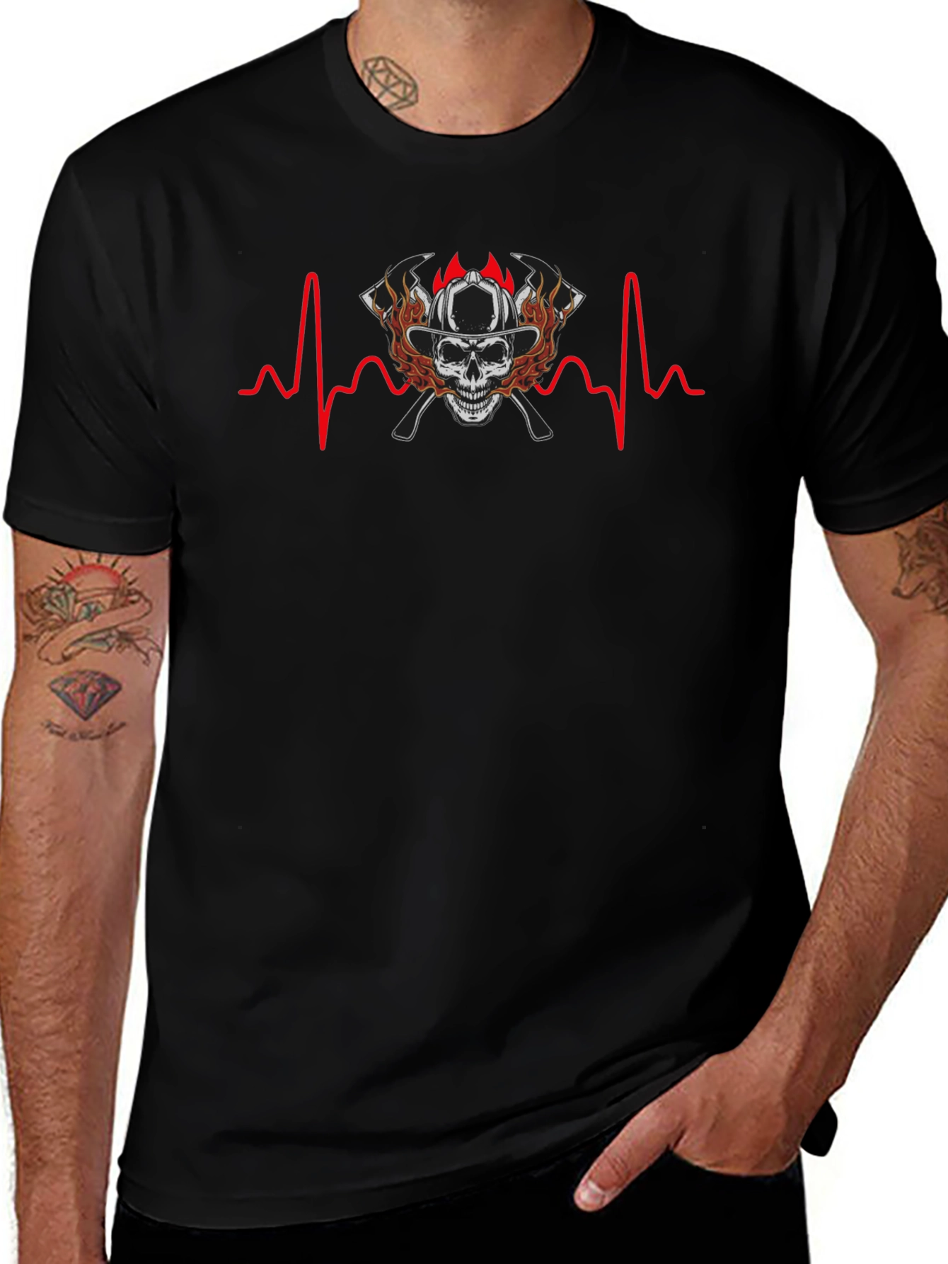 Firefighter Skull Heartbeat T-Shirt