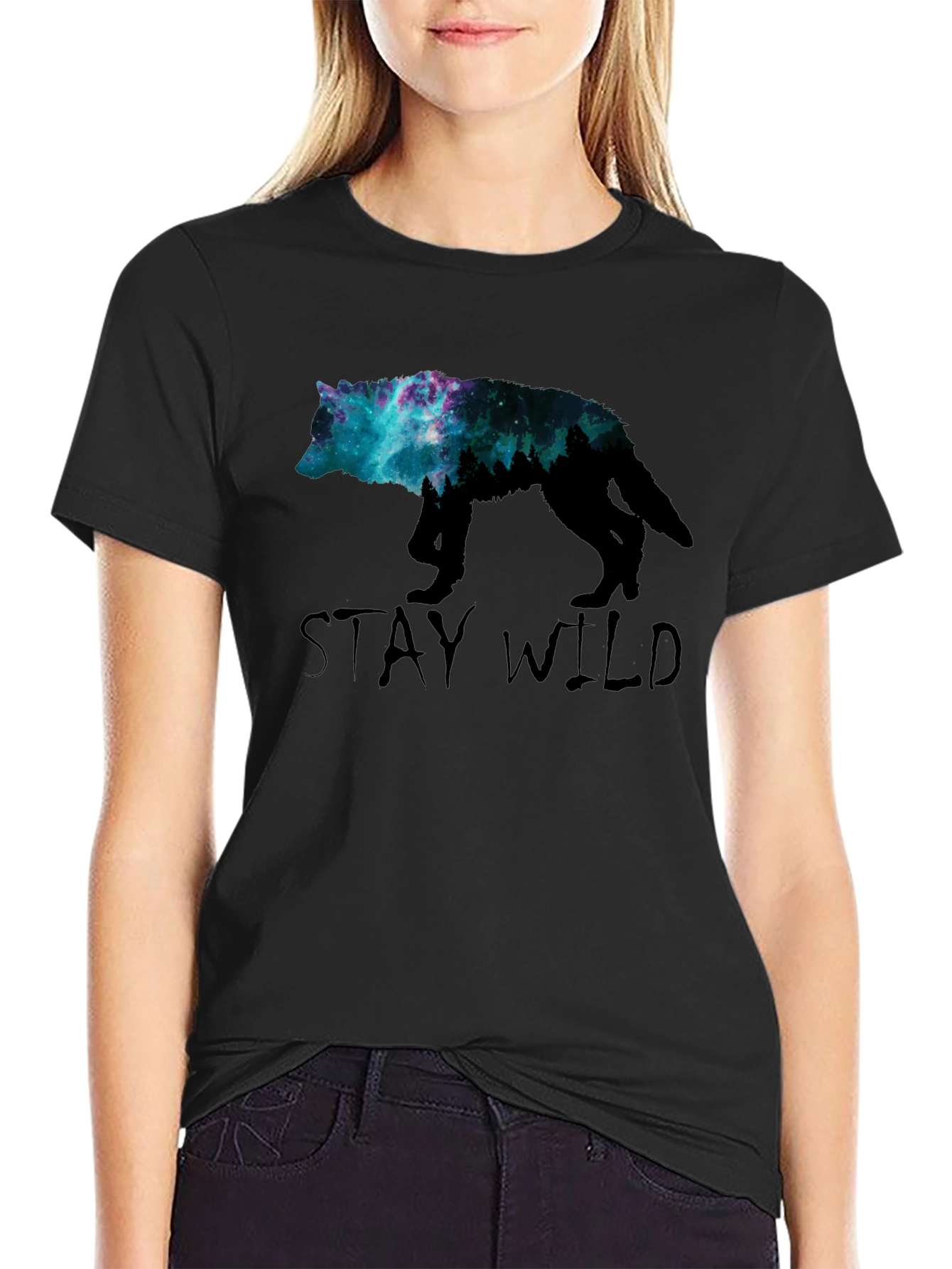 Stay Wild Wolf Galaxy Graphic Tee - Black
