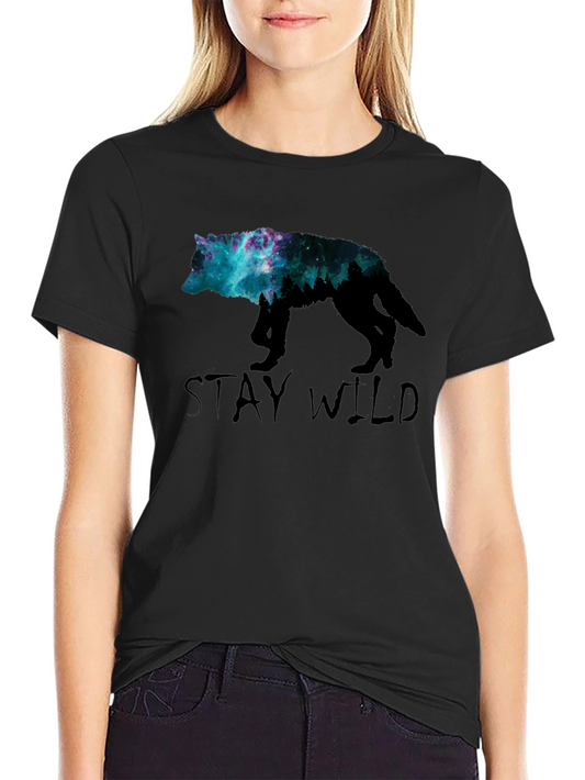 Stay Wild Wolf Galaxy Graphic Tee - Black
