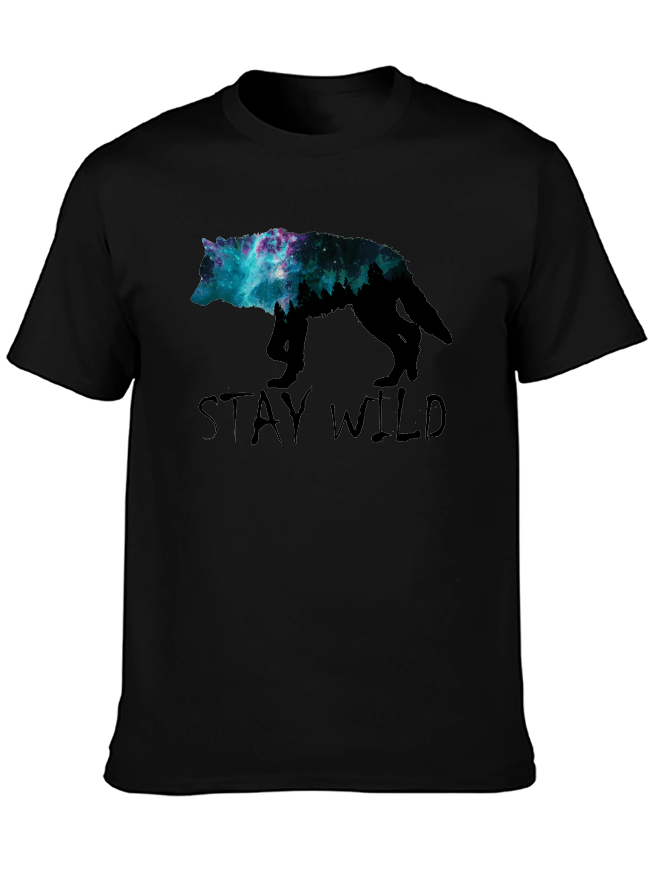 Stay Wild Wolf Galaxy Graphic Tee - Black