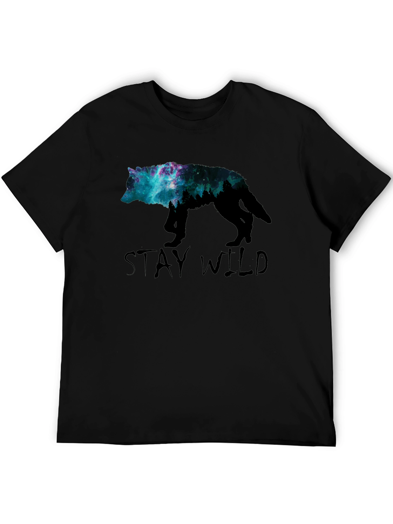Stay Wild Wolf Galaxy Graphic Tee - Black