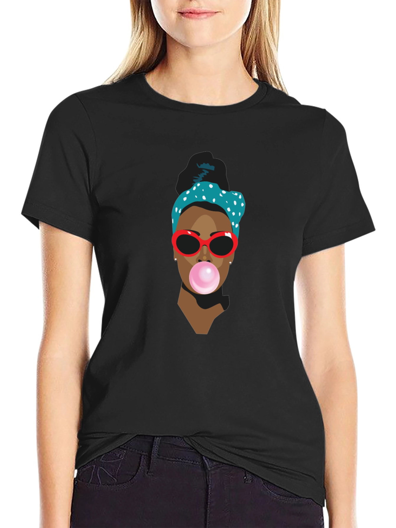 Trendy Black T-Shirt with Bubble Gum Girl Design