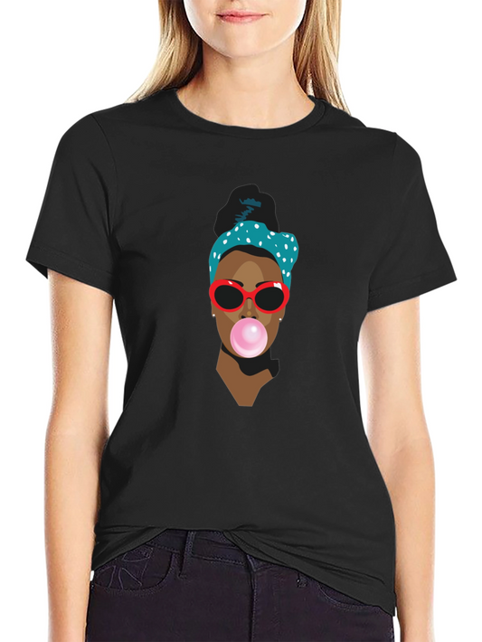 Trendy Black T-Shirt with Bubble Gum Girl Design