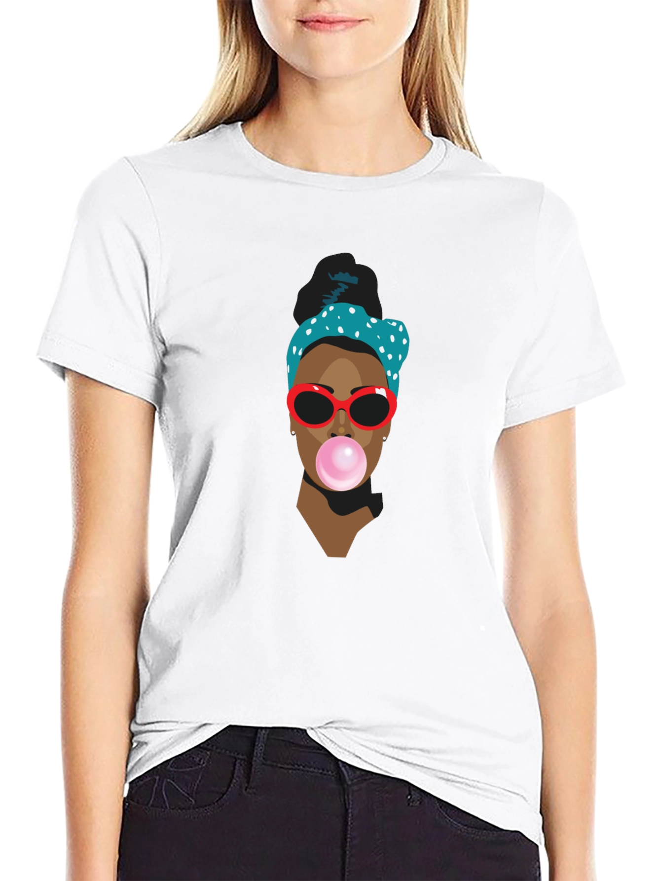 Trendy Black T-Shirt with Bubble Gum Girl Design