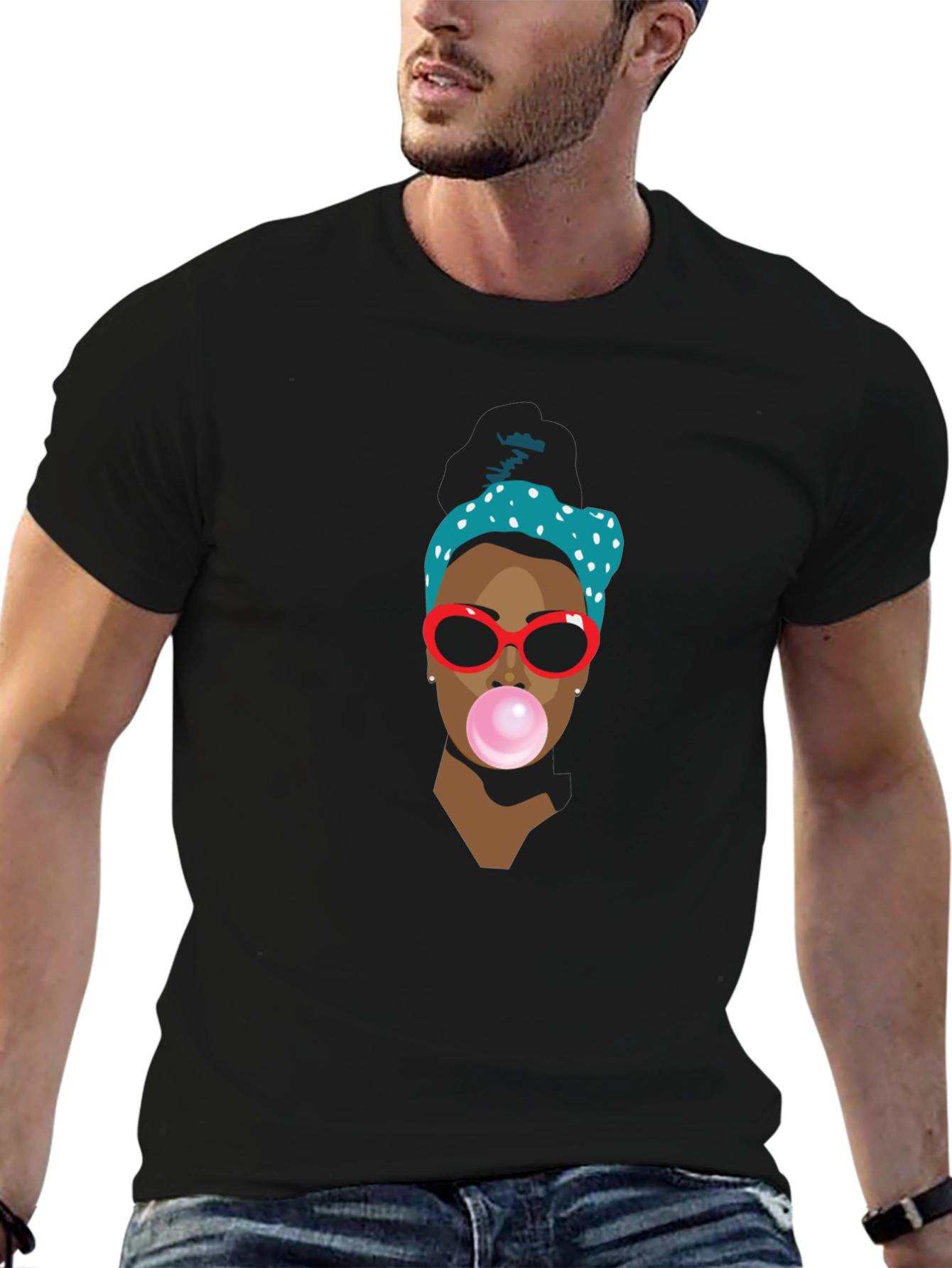 Trendy Black T-Shirt with Bubble Gum Girl Design