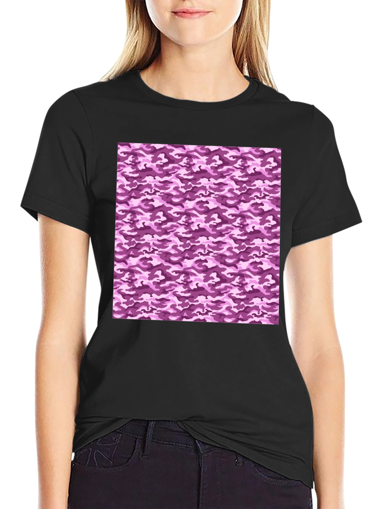 Purple Camo Print Crew Neck Tee