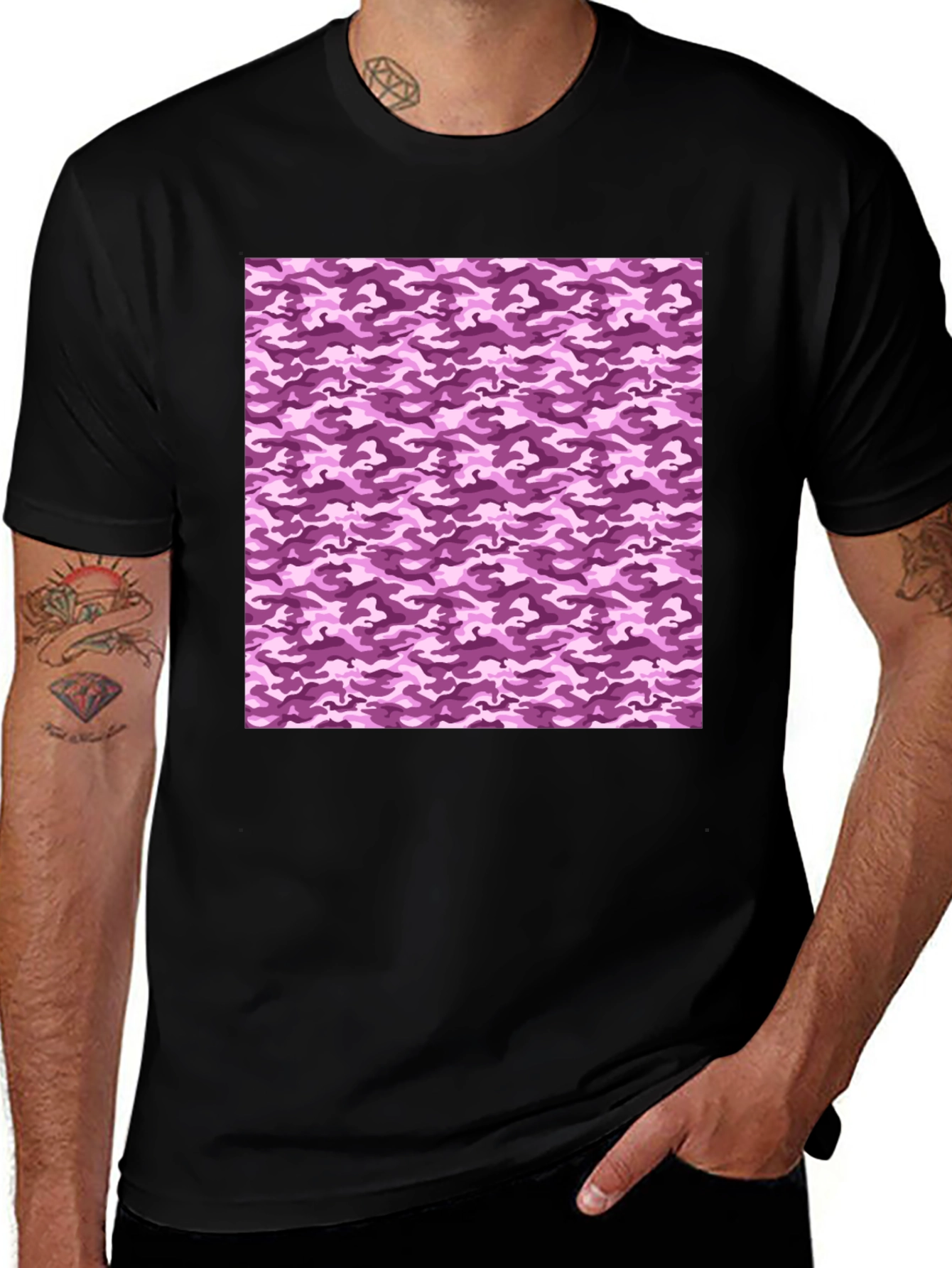 Purple Camo Print Crew Neck Tee