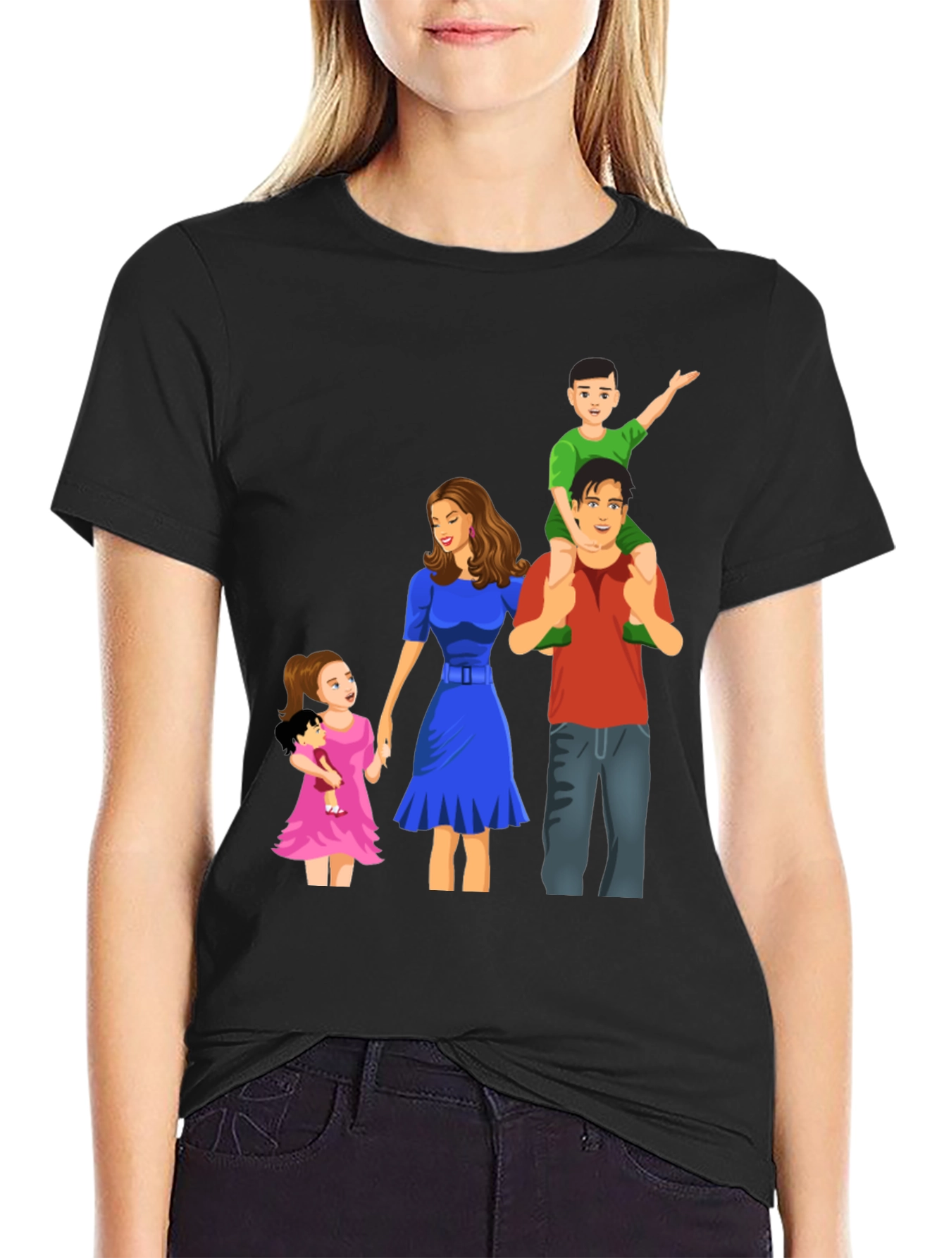 Family Cartoon Graphic Black T-Shirt