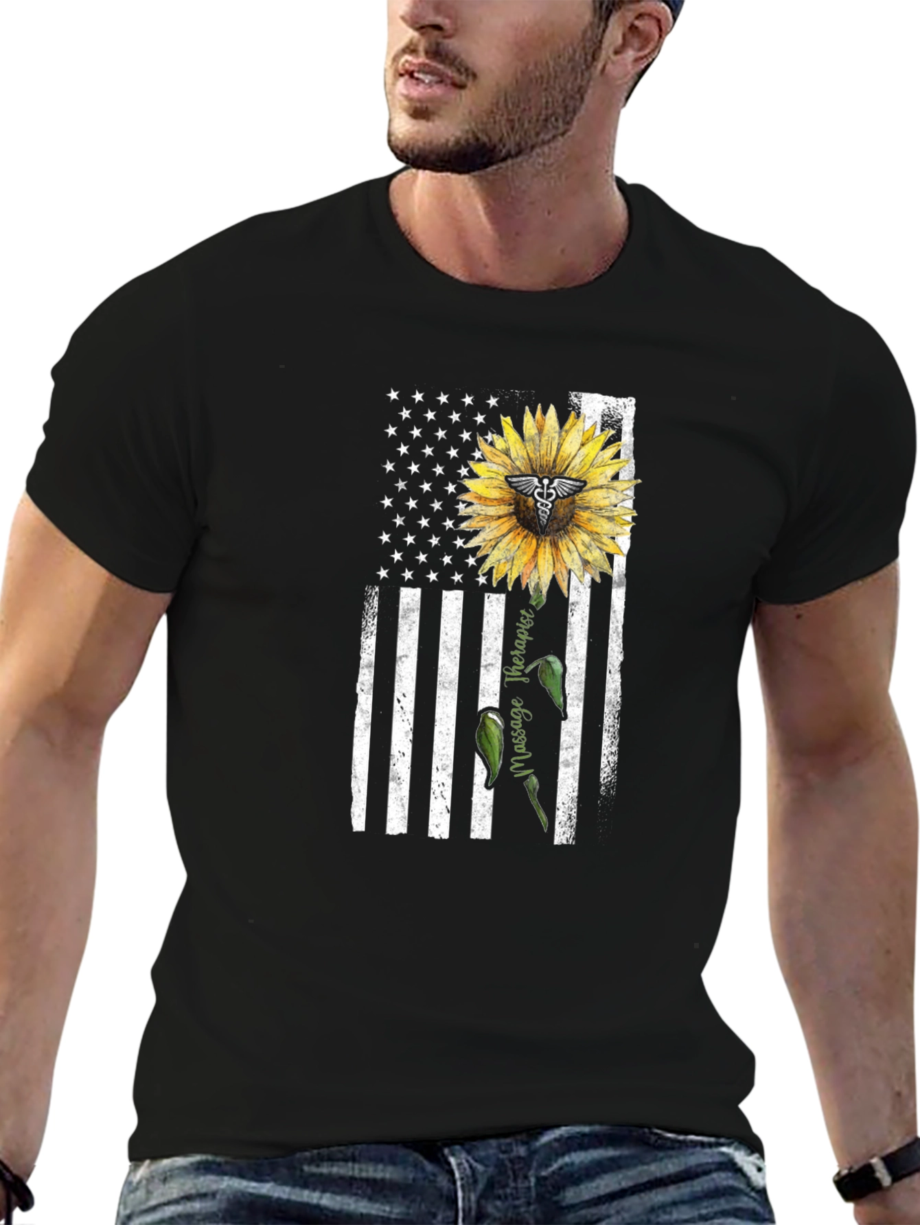 Massage Therapist USA Flag Sunflower T-Shirt