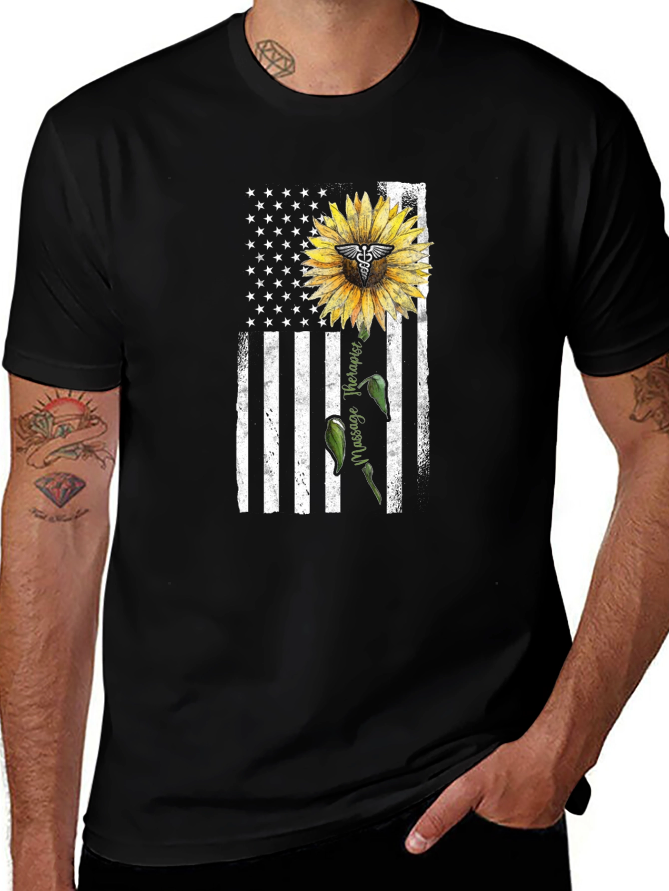 Massage Therapist USA Flag Sunflower T-Shirt