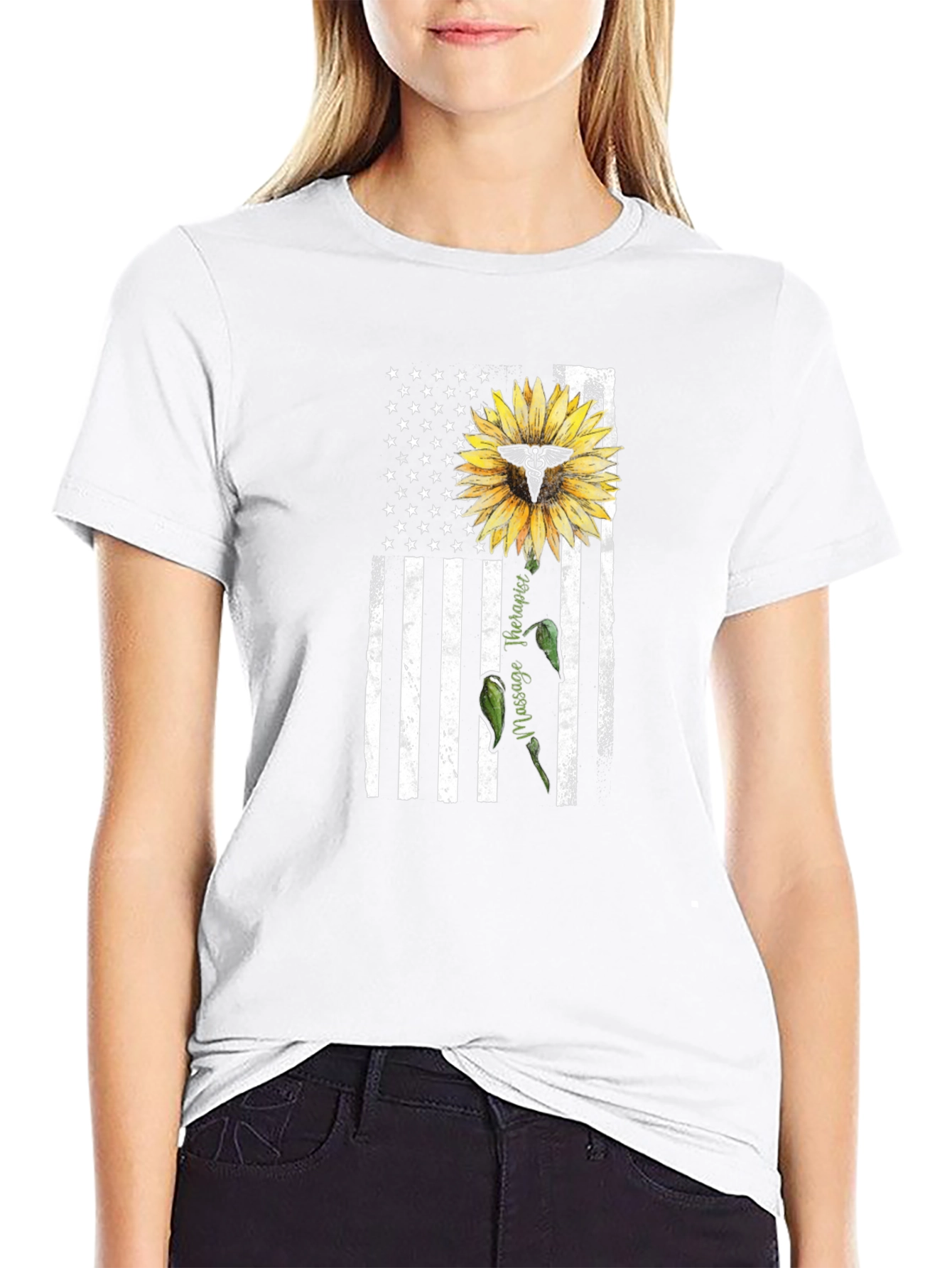 Massage Therapist USA Flag Sunflower T-Shirt