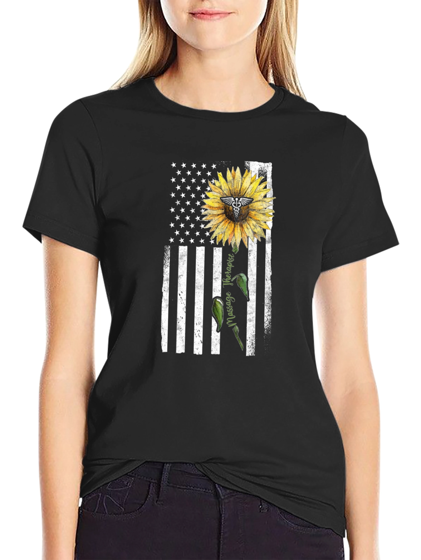 Massage Therapist USA Flag Sunflower T-Shirt
