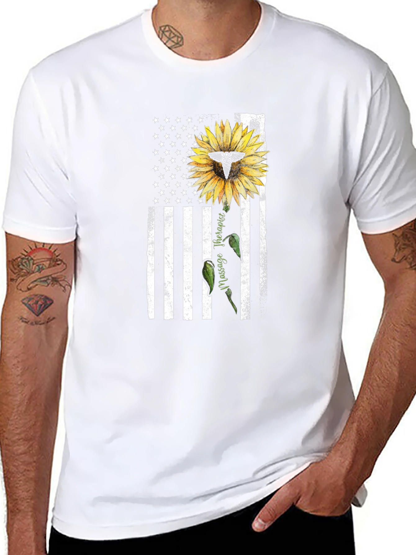 Massage Therapist USA Flag Sunflower T-Shirt