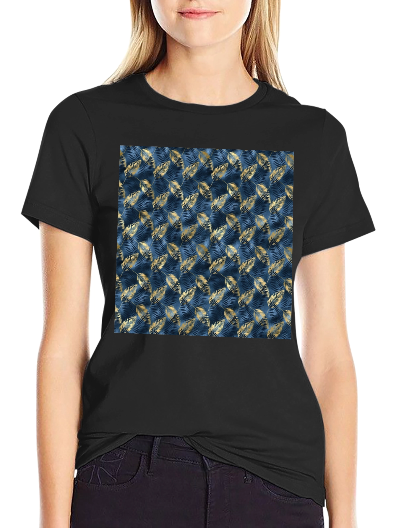 Stylish Mens Black T-Shirt with Leaf Pattern