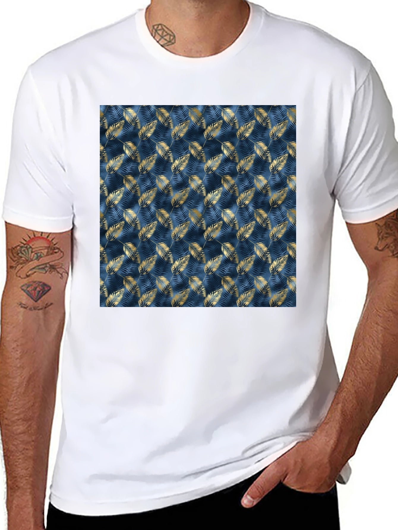 Stylish Mens Black T-Shirt with Leaf Pattern