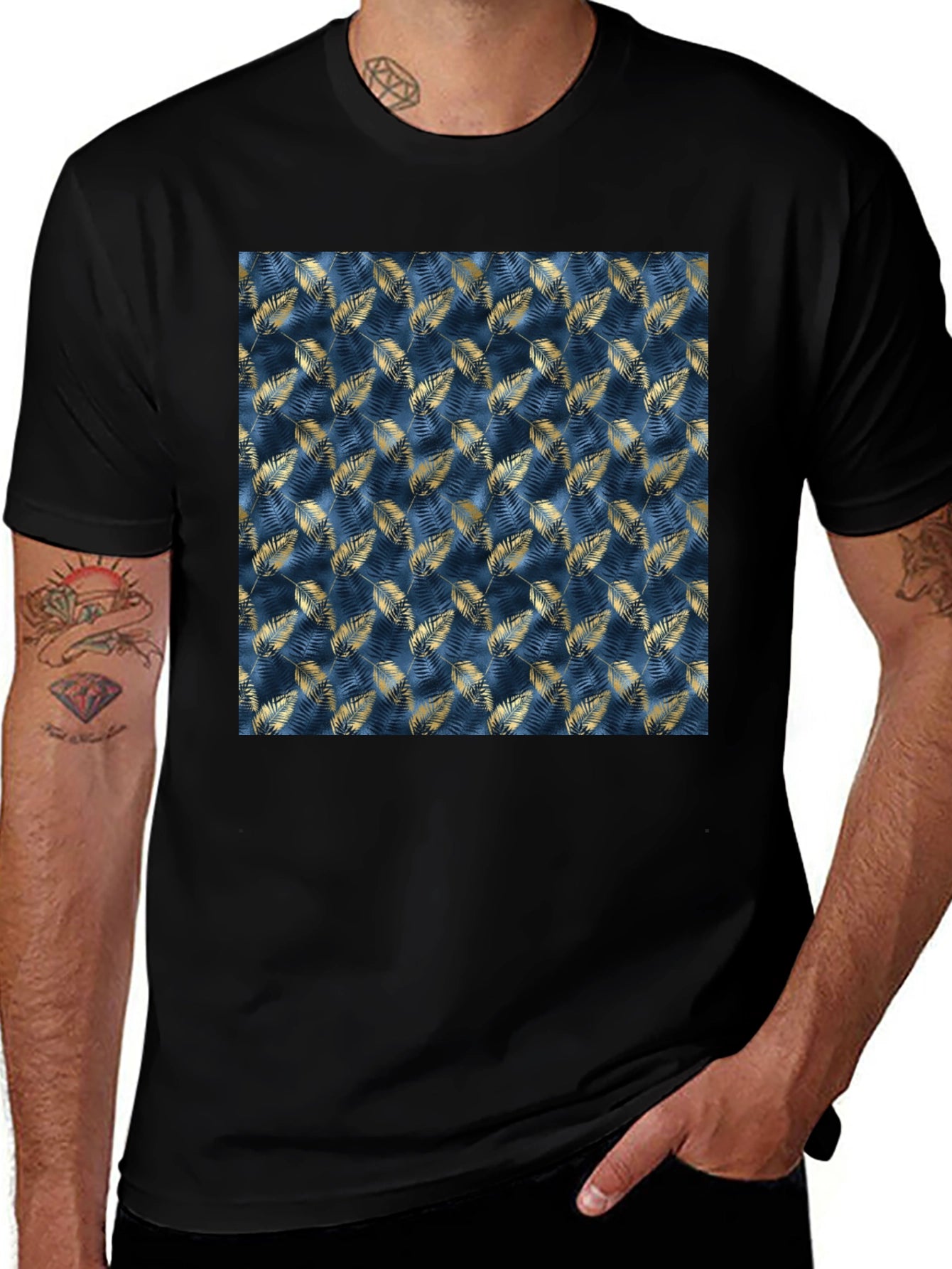 Stylish Mens Black T-Shirt with Leaf Pattern