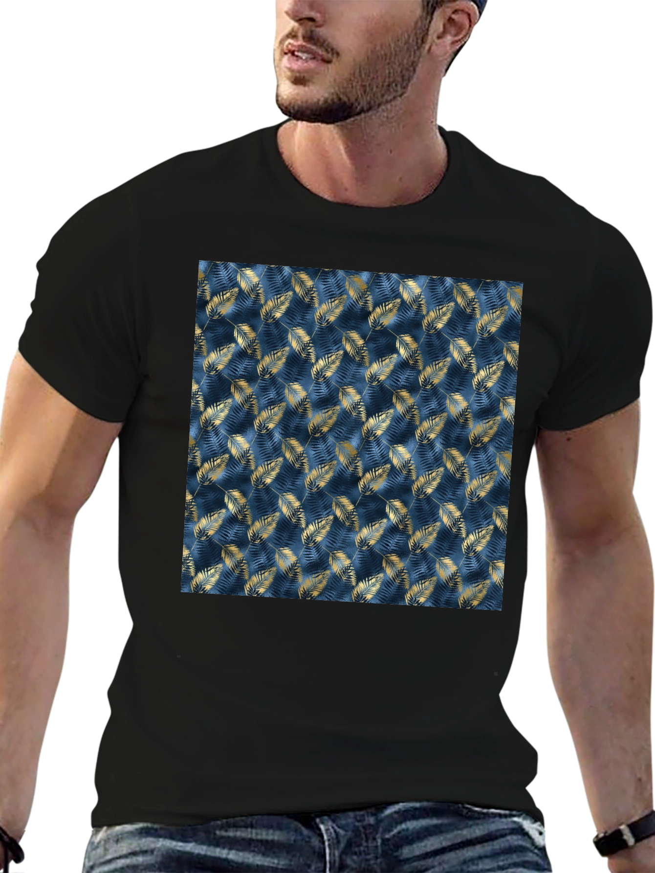 Stylish Mens Black T-Shirt with Leaf Pattern