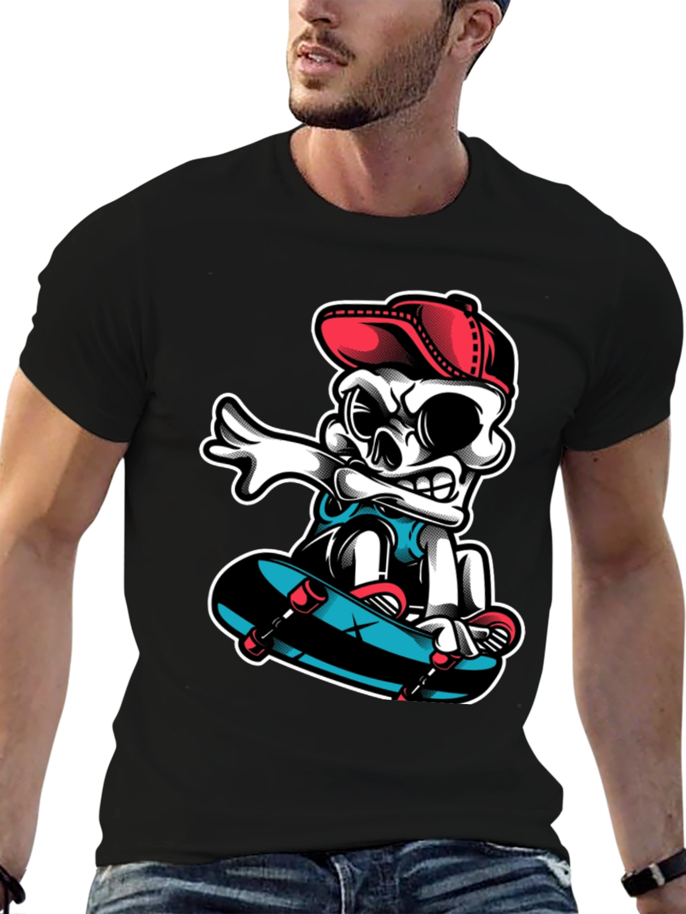Cool Skeleton Skateboarder Graphic Tee - Black