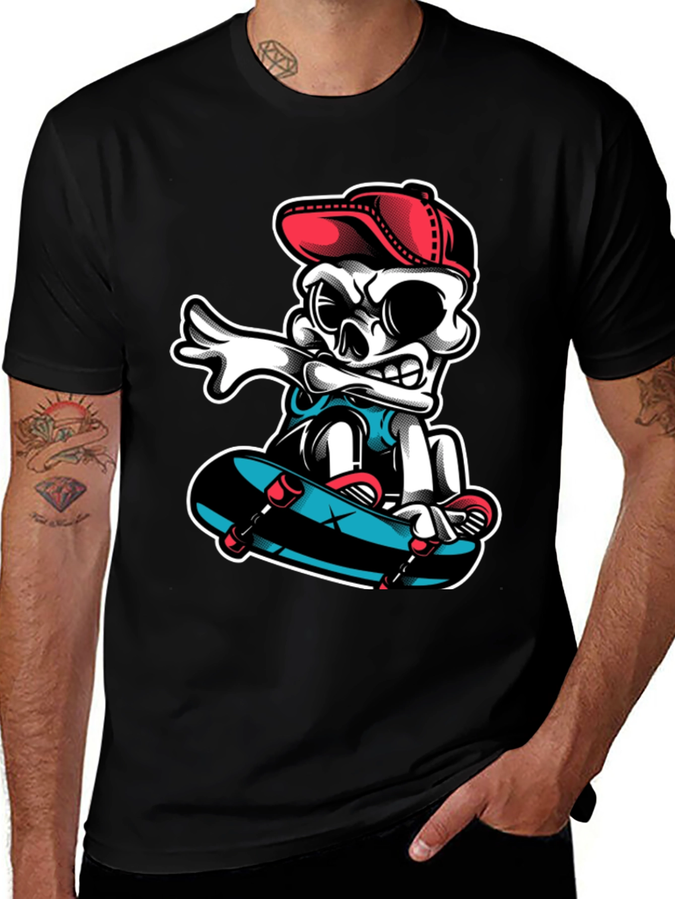 Cool Skeleton Skateboarder Graphic Tee - Black