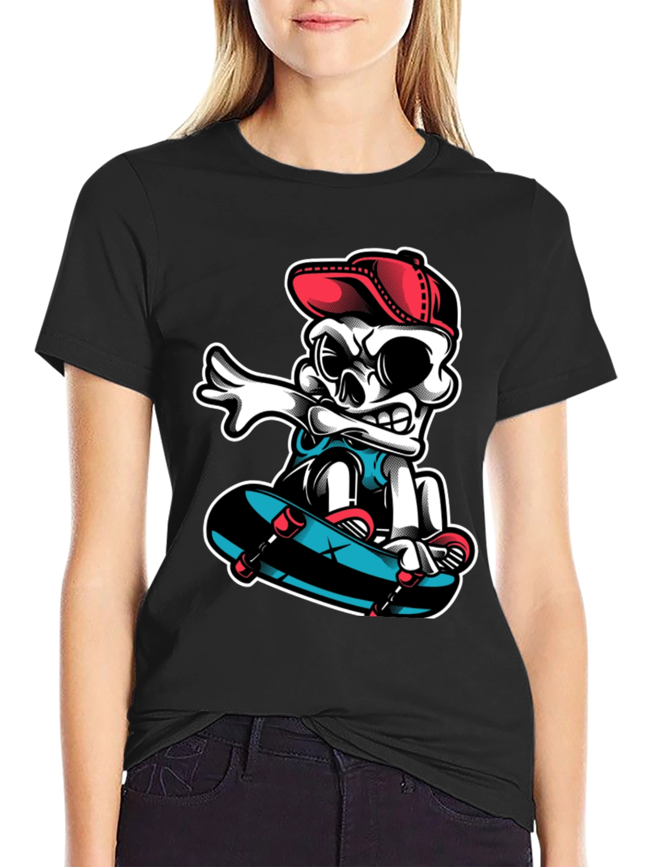 Cool Skeleton Skateboarder Graphic Tee - Black