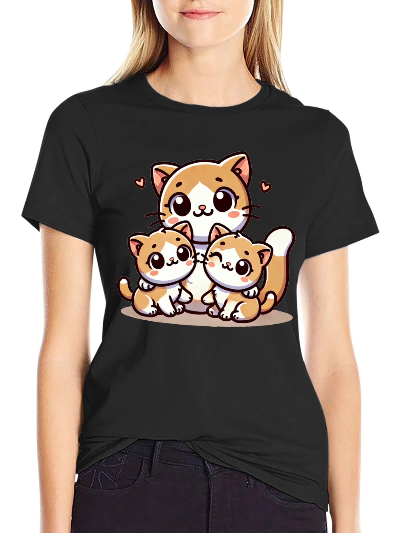 Cute Cat Family Graphic Black T-Shirt