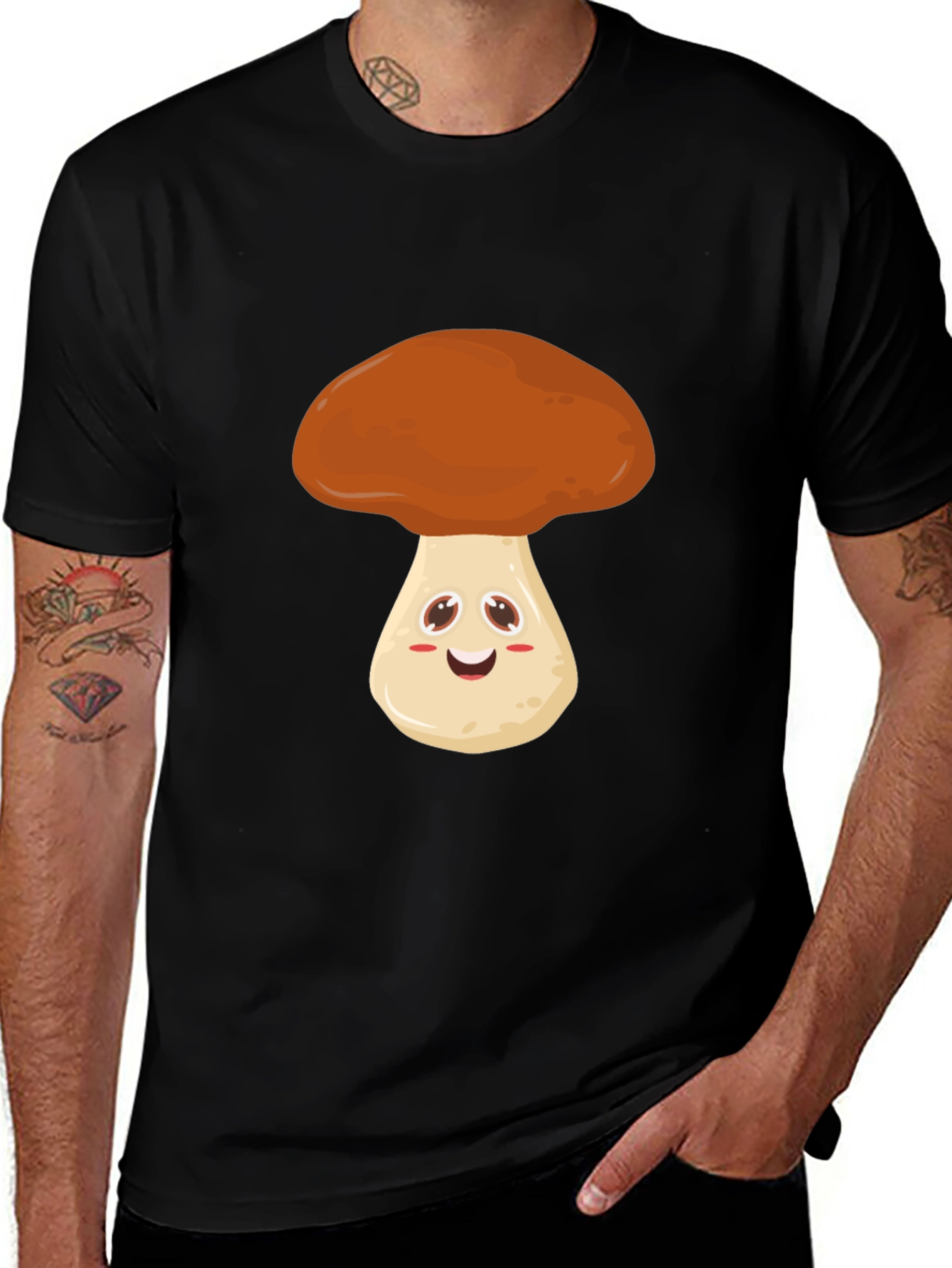 Cute Mushroom Graphic Tee - Black Cotton T-Shirt