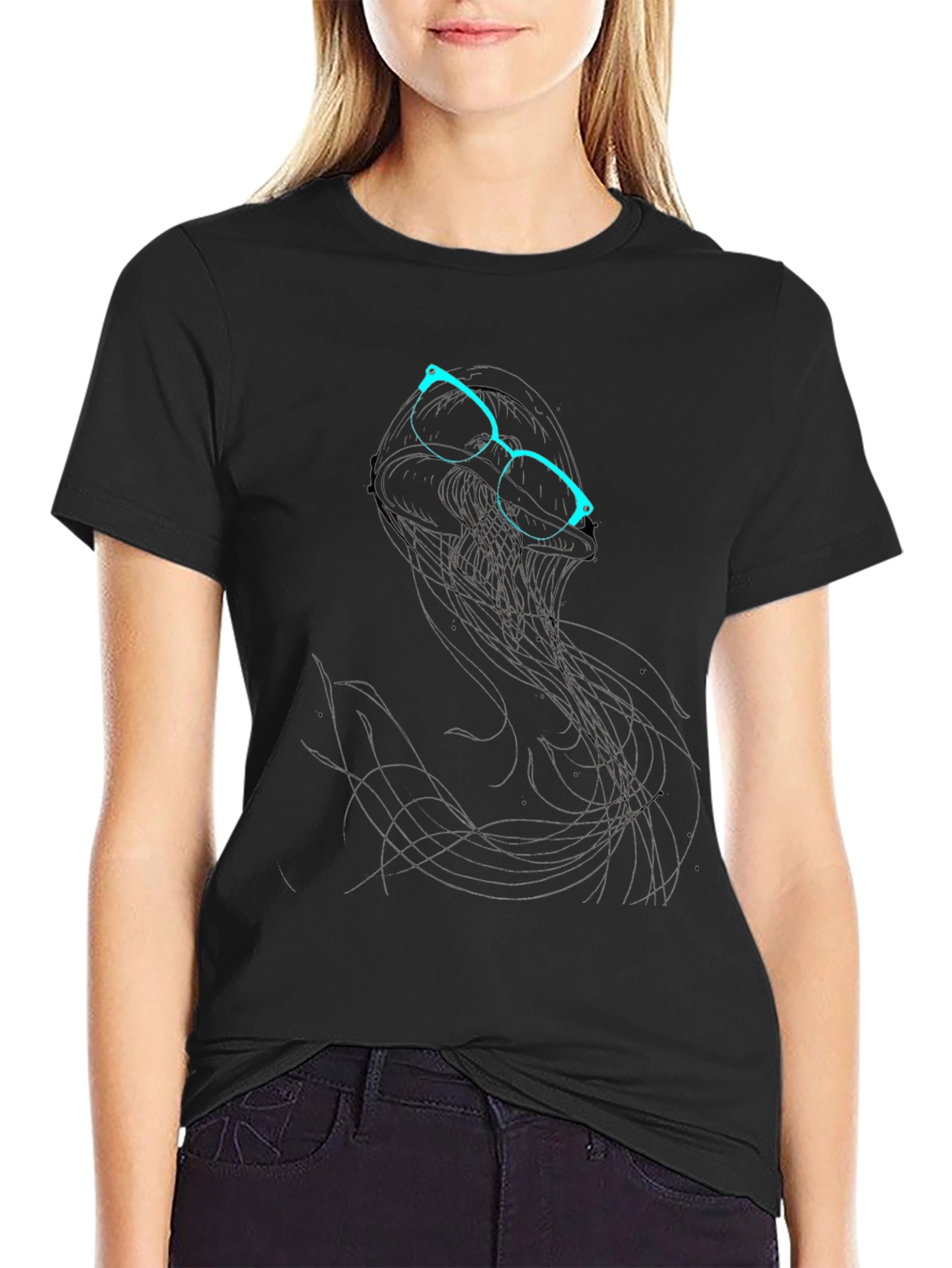 Abstract Glasses Graphic Print Black T-Shirt