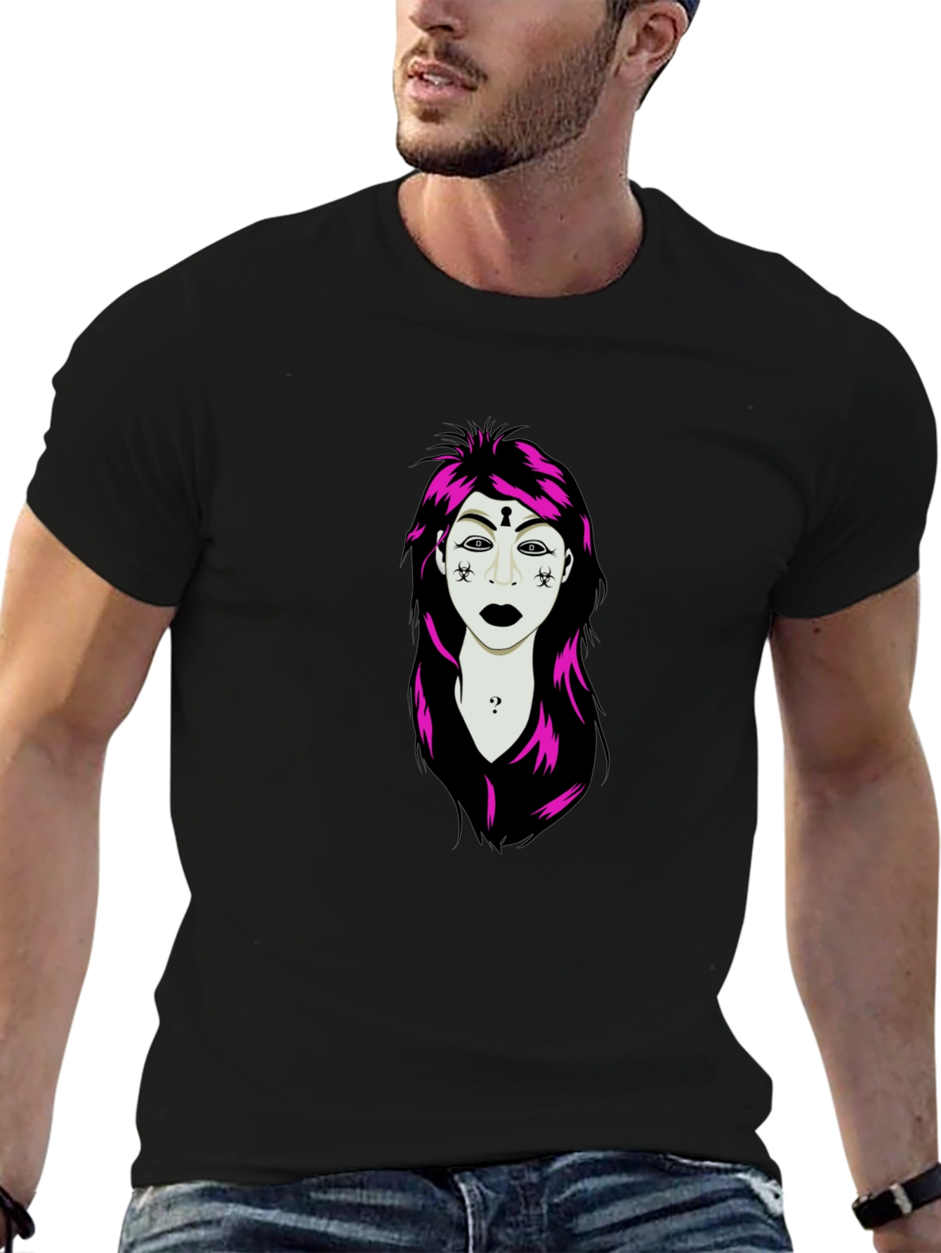 Edgy Graphic T-Shirt: Unique Illustration on Black Tee