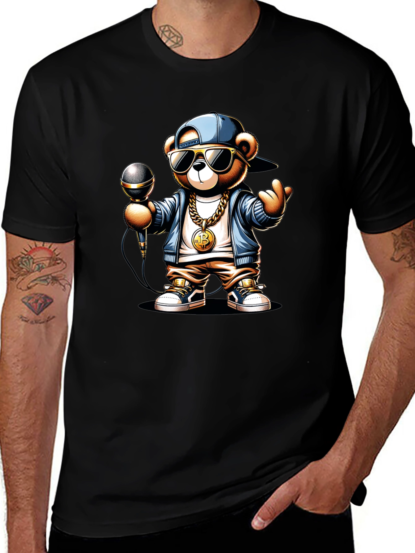 Rapper Teddy Bear T-Shirt - Bitcoin Chain Microphone!