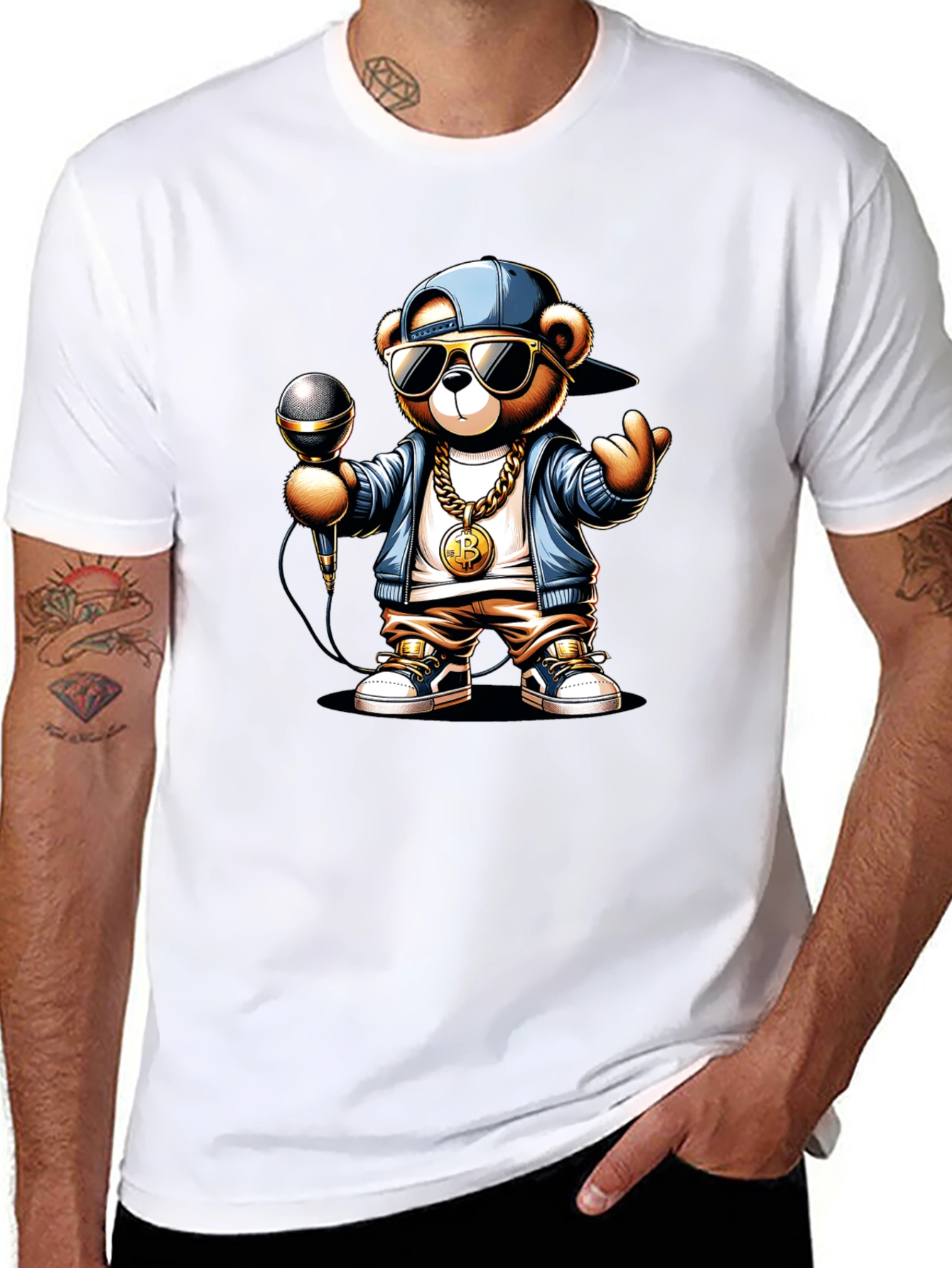 Rapper Teddy Bear T-Shirt - Bitcoin Chain Microphone!