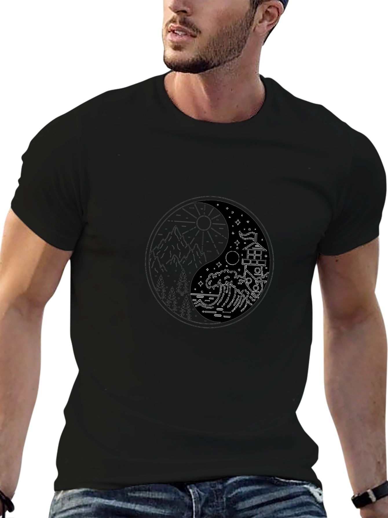 Yin Yang Nature Graphic Tee - Unisex Black T-Shirt