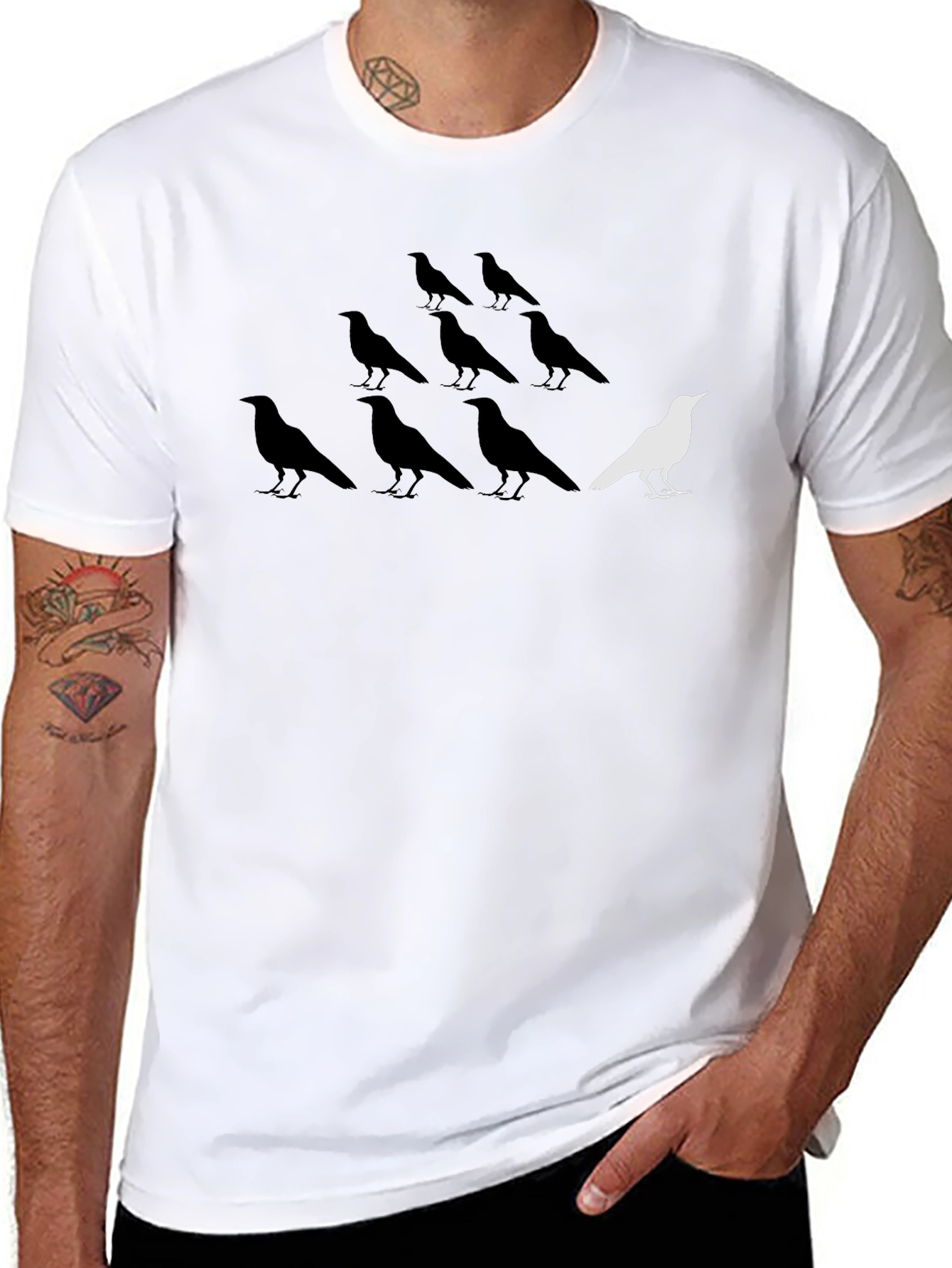 Unique White Bird Among Black Birds Graphic T-Shirt