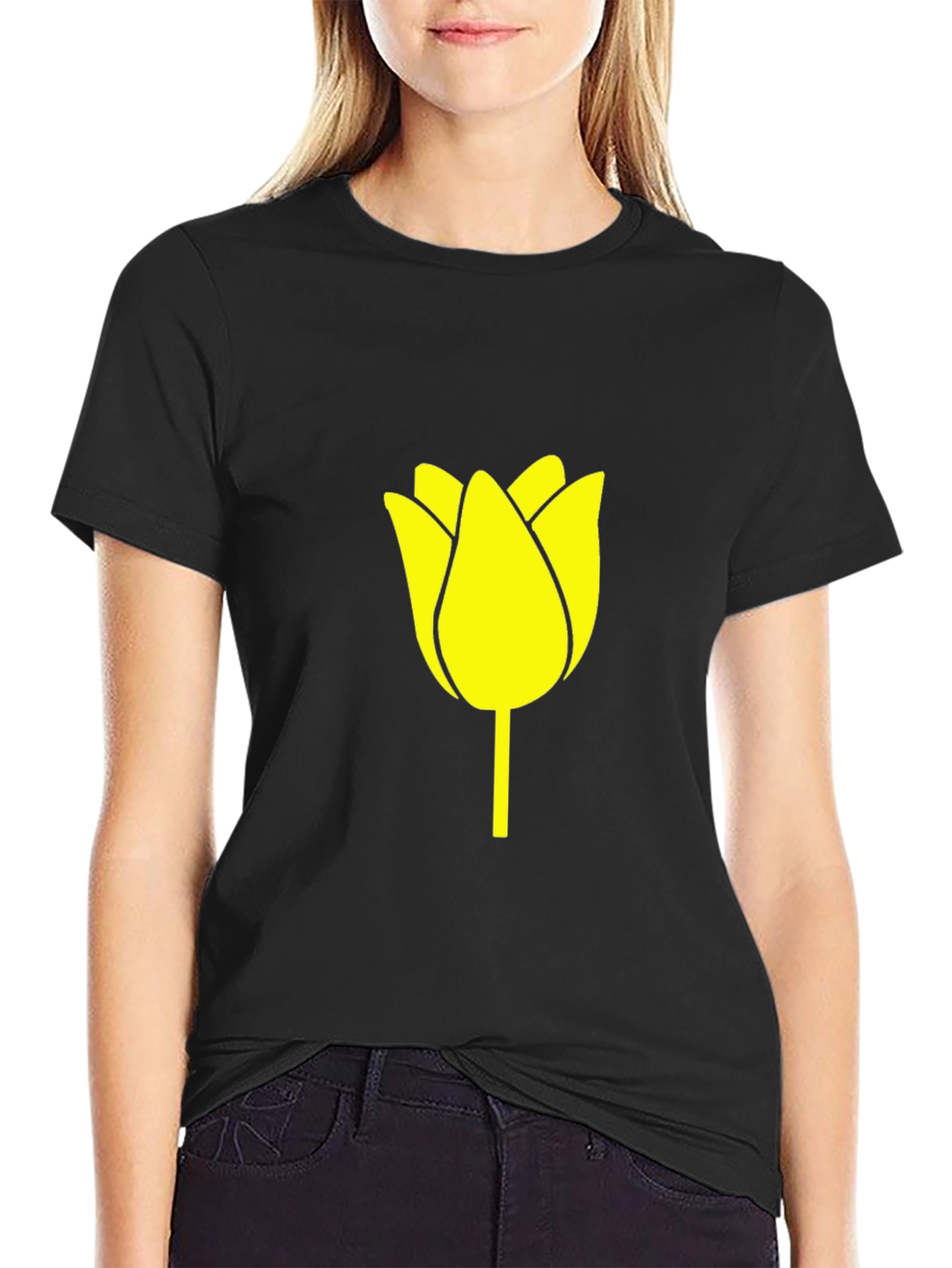 Black T-Shirt with Yellow Tulip Graphic