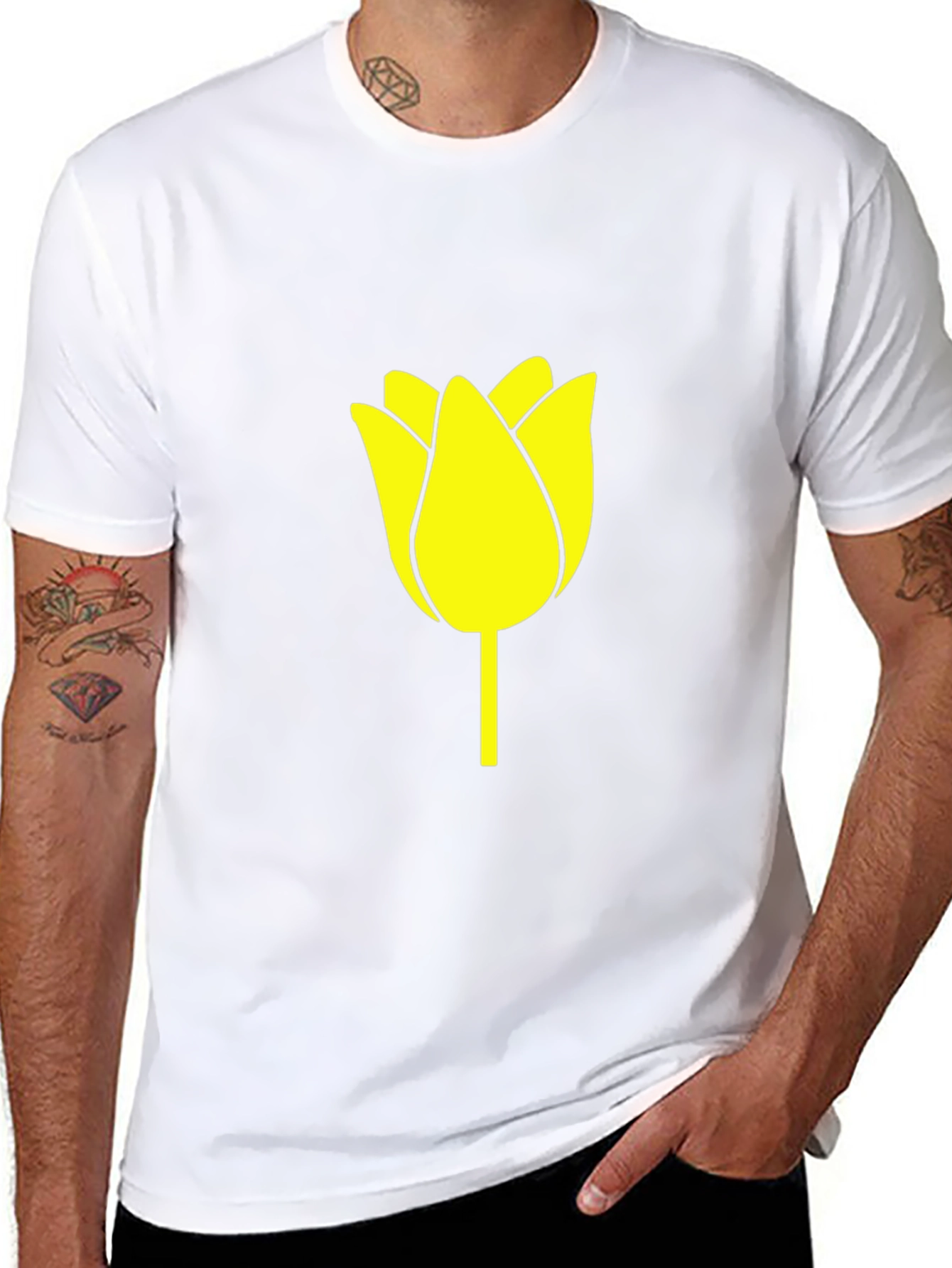 Black T-Shirt with Yellow Tulip Graphic