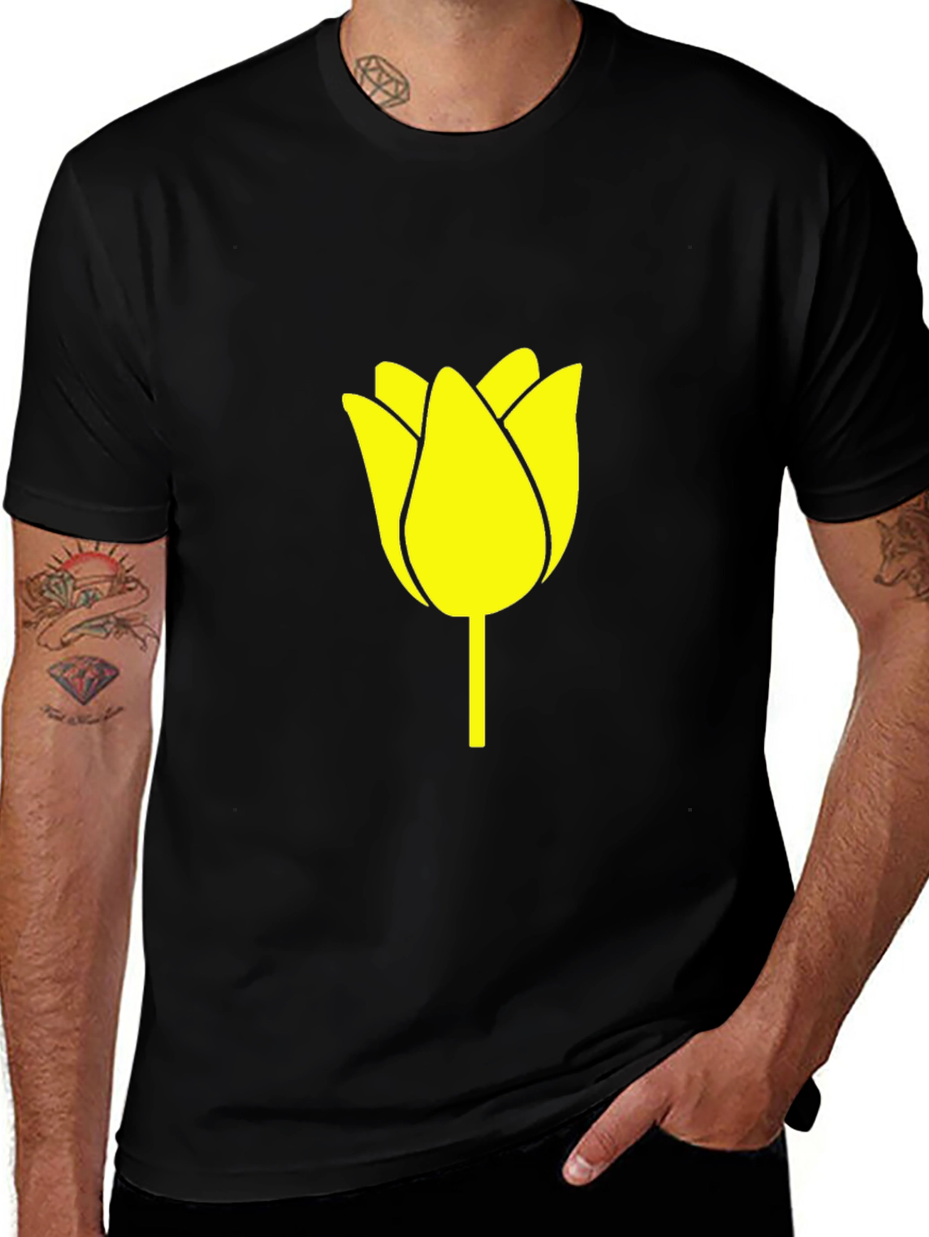 Black T-Shirt with Yellow Tulip Graphic