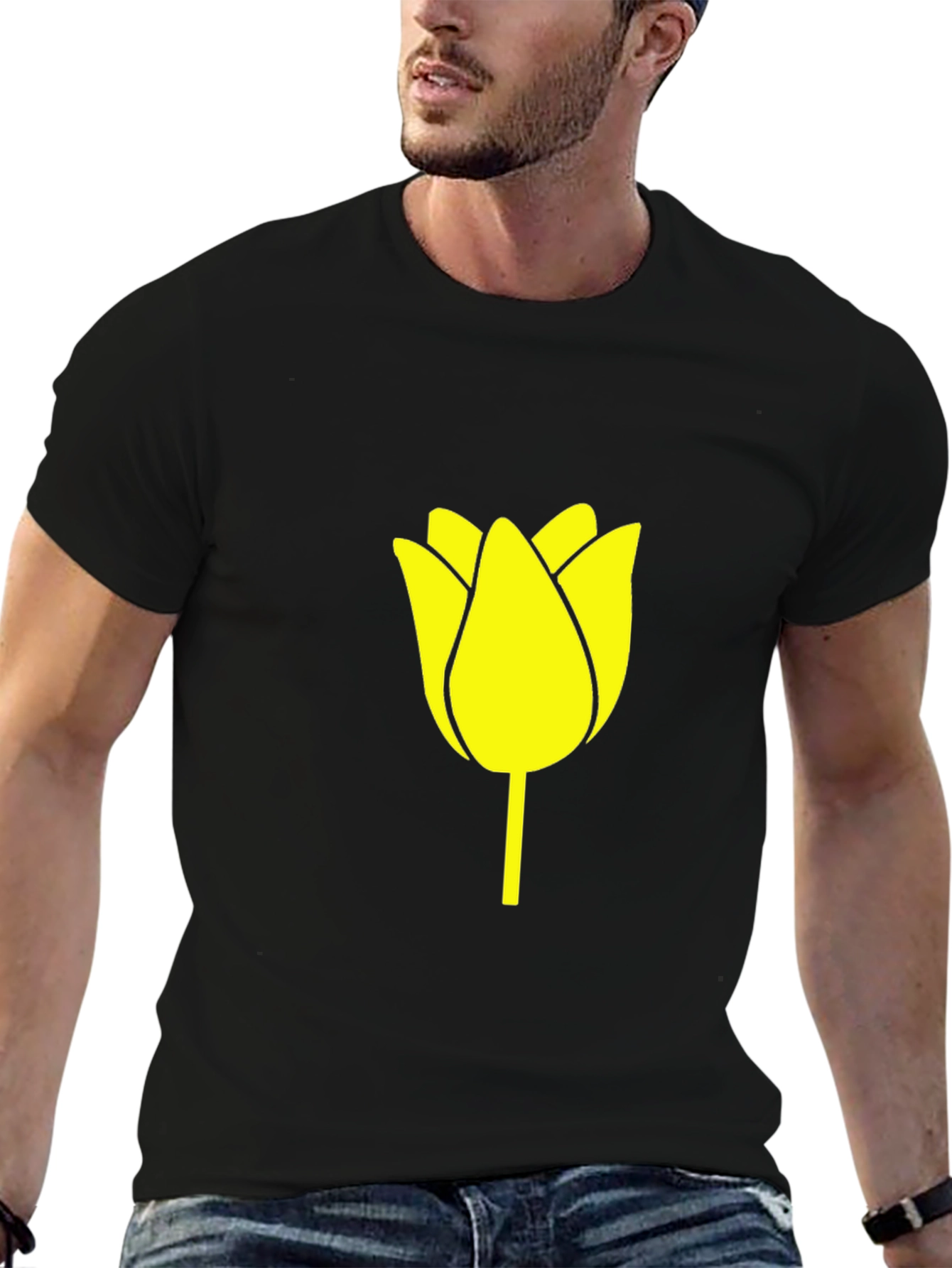 Black T-Shirt with Yellow Tulip Graphic