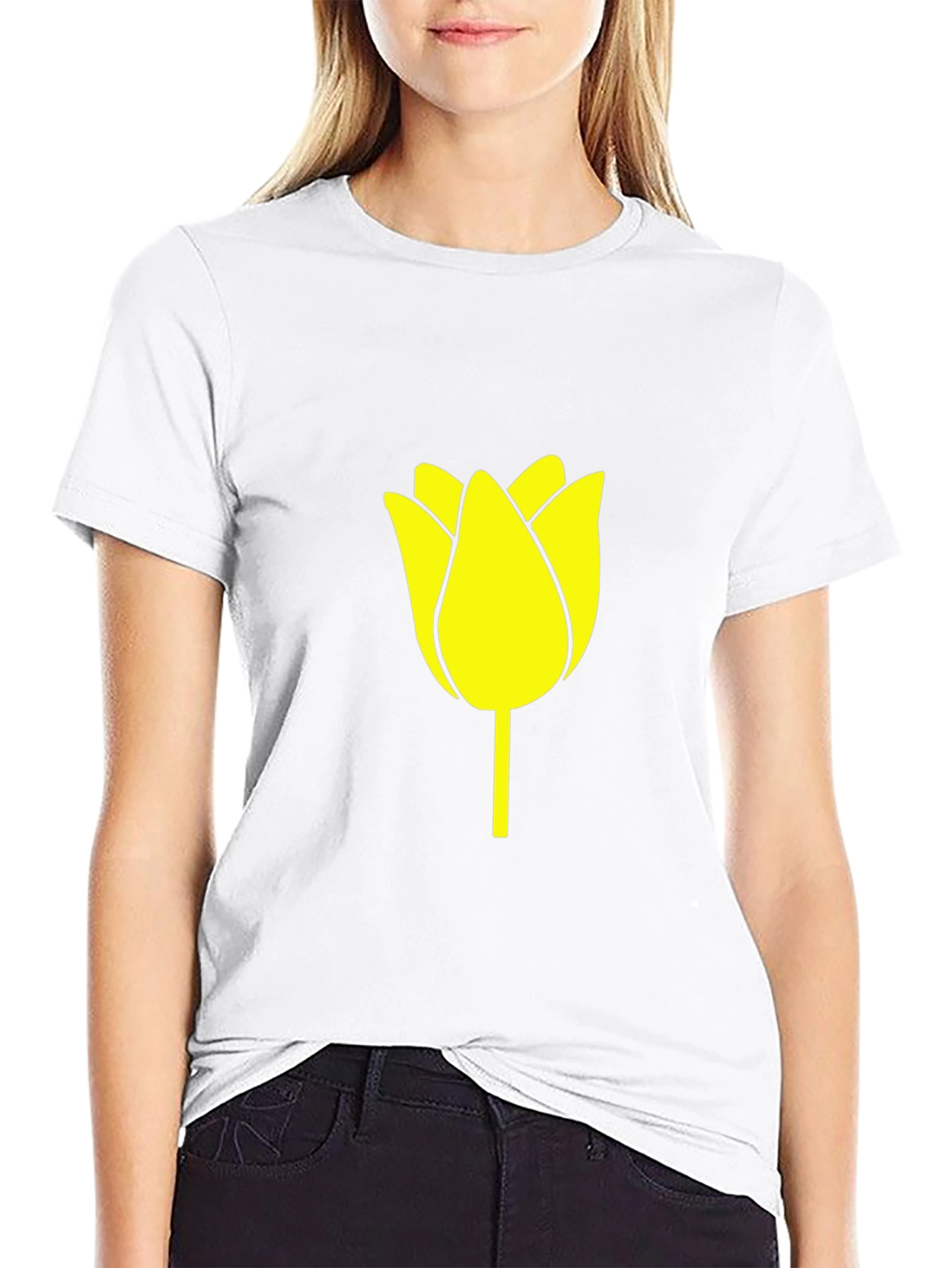 Black T-Shirt with Yellow Tulip Graphic