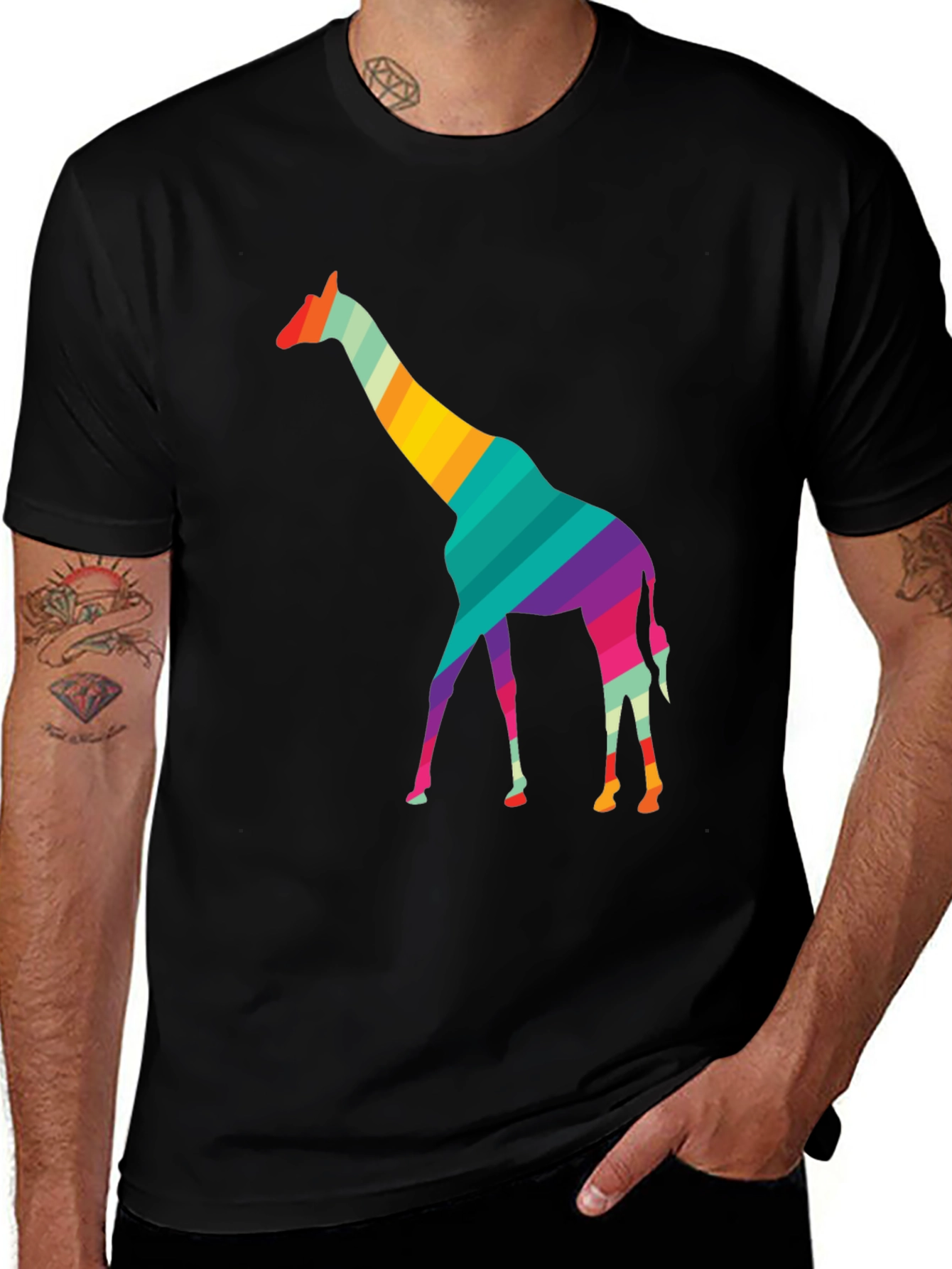 Striped Giraffe Graphic Black T-Shirt
