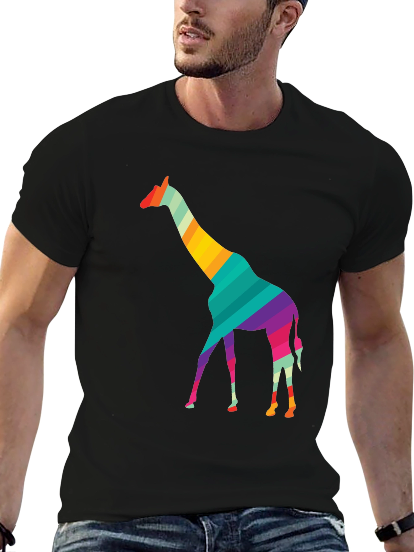 Striped Giraffe Graphic Black T-Shirt