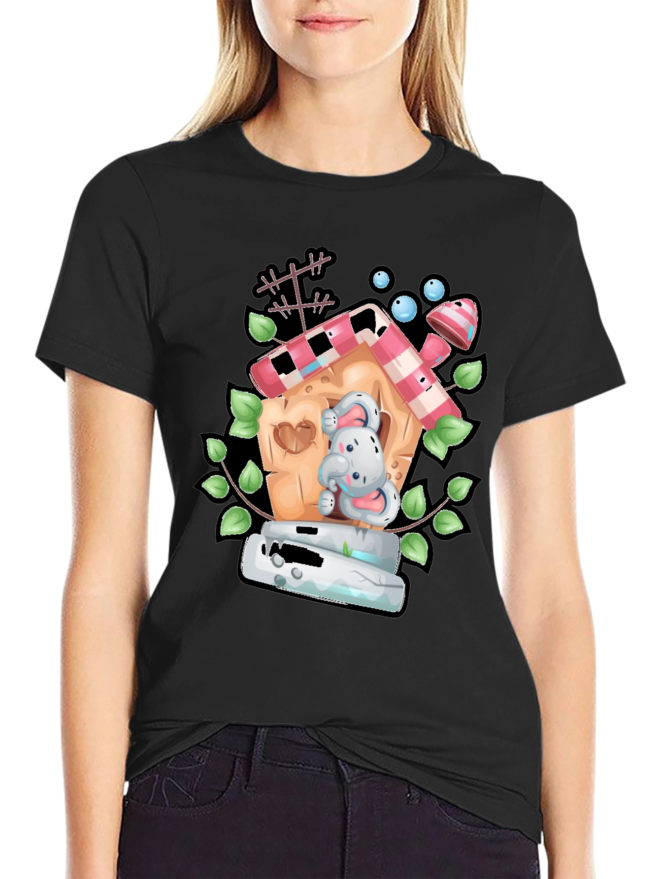 Cartoon Bunny in Birdhouse Black T-Shirt