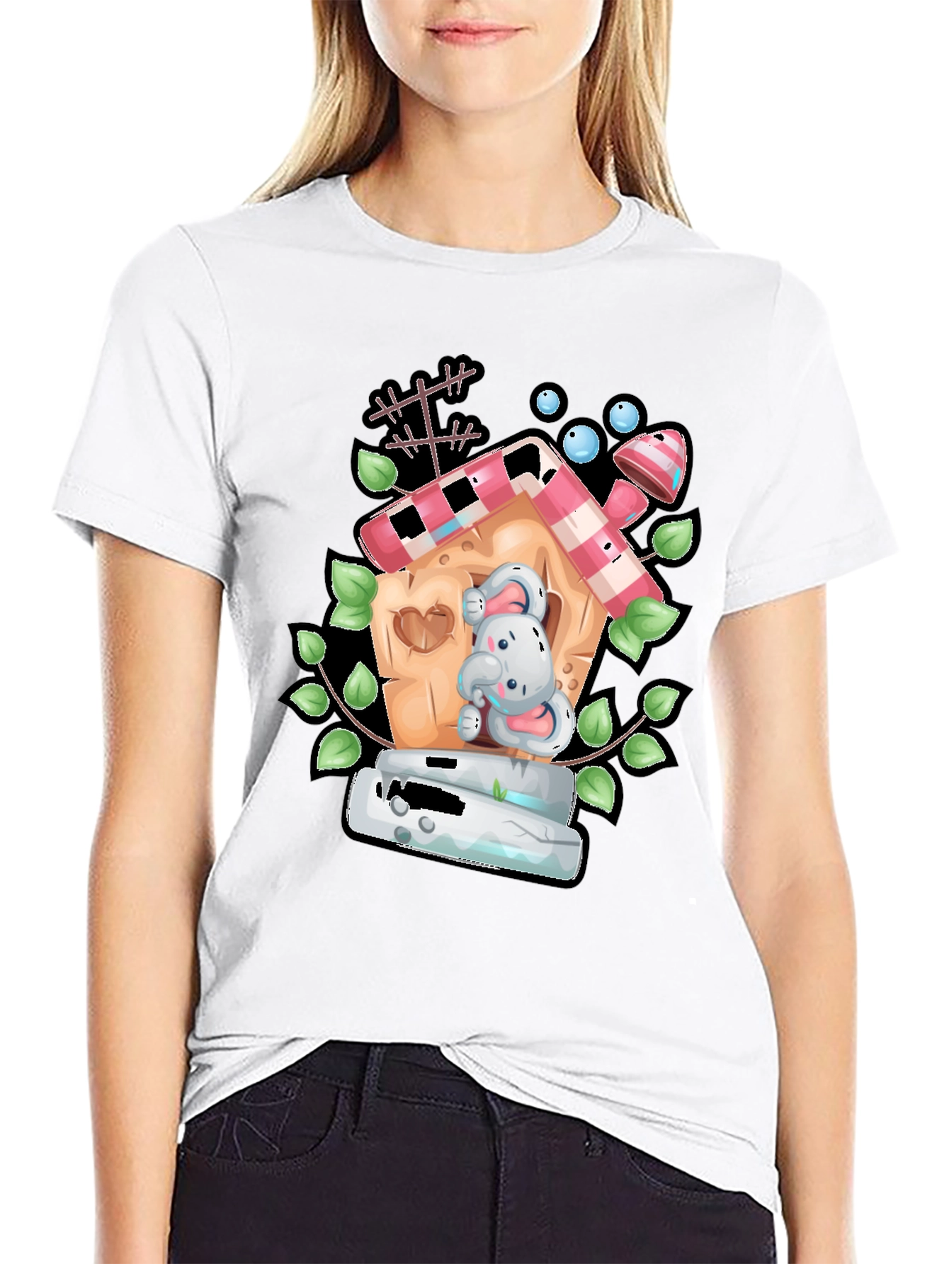 Cartoon Bunny in Birdhouse Black T-Shirt